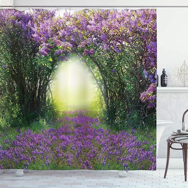 YUAOEUR Lavender Garden 3D Shower Curtain Magic Misty Sun Rays Forest Blossoms Bushes Tall Trees Green Grasses Scenery Bathroom Decoration Curtains with Hook 71X 71 inch Green Purple