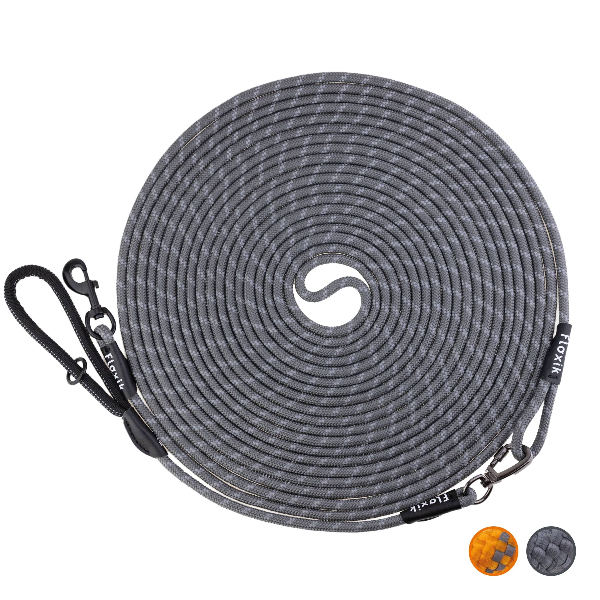 Floxik Correa de arrastre para perros | 5 m, 10 m, 15 m, 20 m gris, correa reflectante con correa de mano extraíble, también ideal como correa de entrenamiento para cachorros