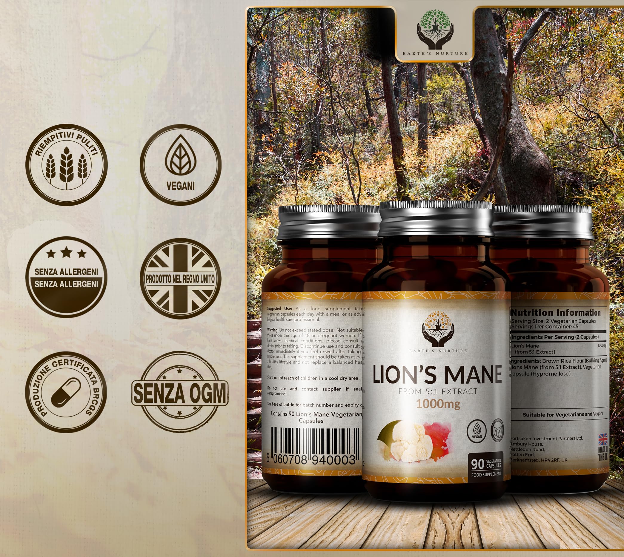 EN Lions Mane | 1000mg Lion's Mane per Dose | Alta Potenza Fungo Criniera di Leone - 90 Lion-Mane Mushroom Capsules | Non-OGM, Senza Glutine e Allergeni | Prodotto nel Regno Unito