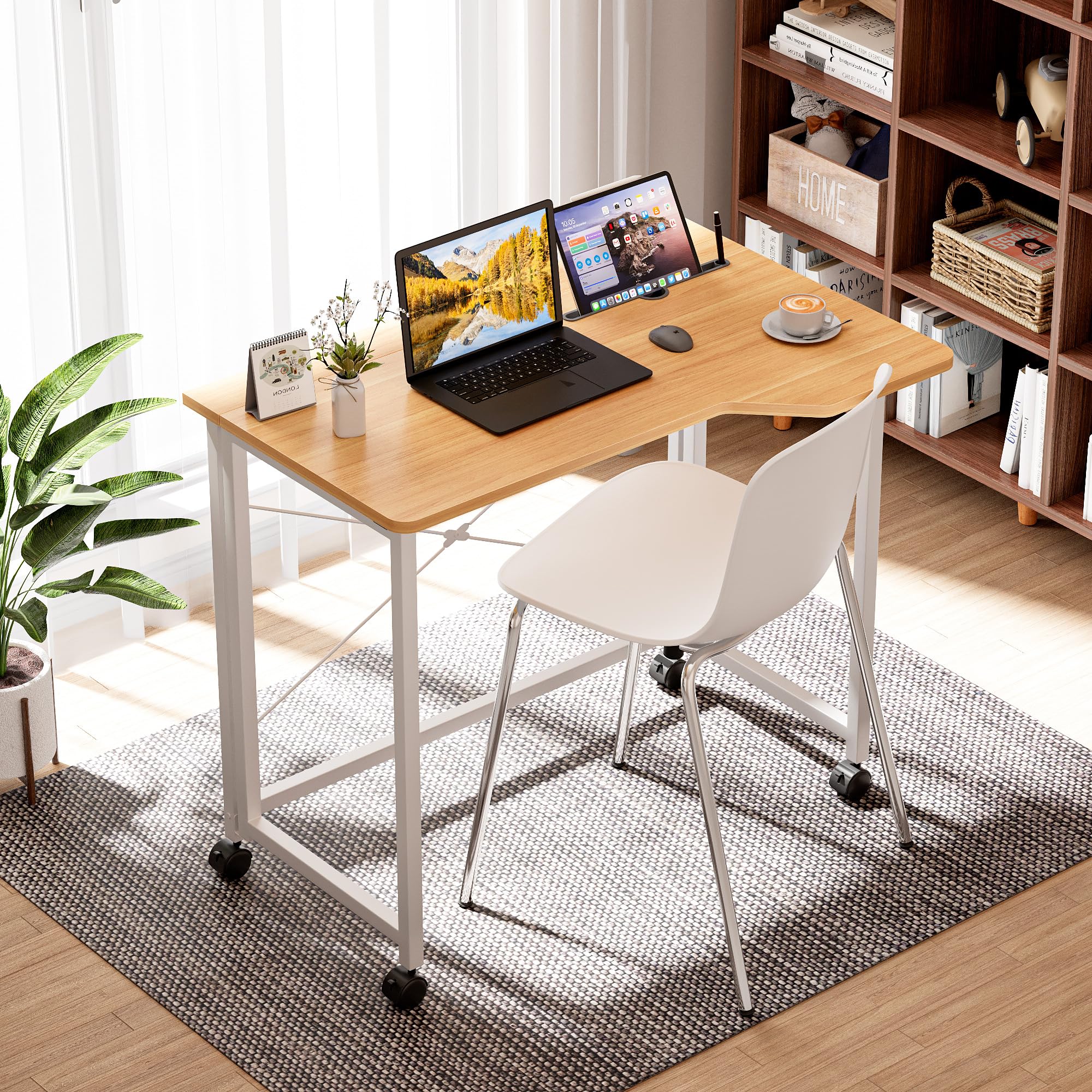 Ztexkee Folding Desk 90cm, Rolling Desk for Small Spaces Foldable Computer Desk with Rolling Wheels Easy Assembly Portable Table for Small Spaces and Home Office Brown