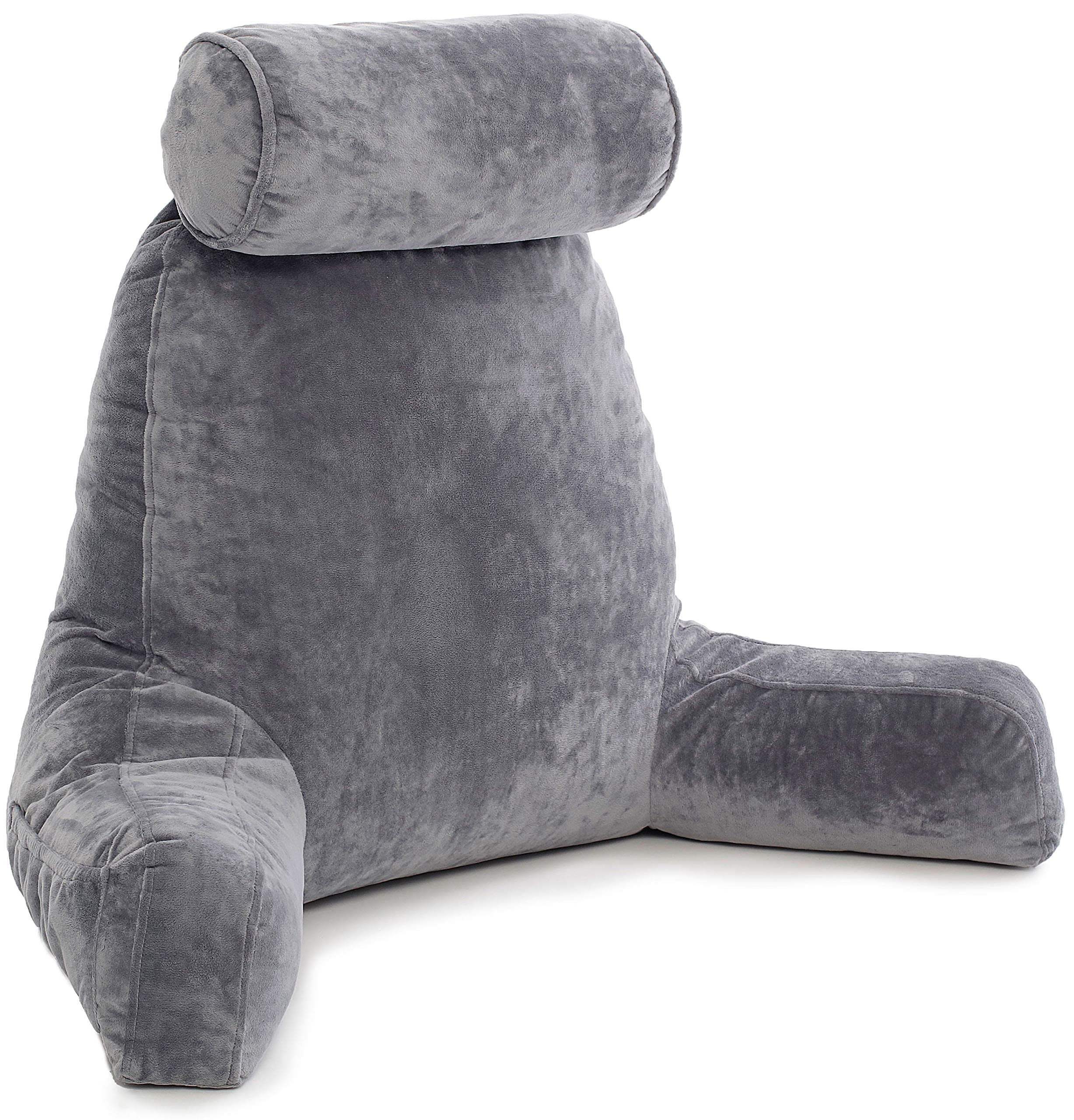 Angju Reading Pillow Dark Grey Backrest with Arms - Adult Reading Pillow Shredded Memory Foam, Ultra-Comfy Removable Microplush Cover & Detachable Neck Roll, Unmatched Support Bed Rest Sit Up Pillow