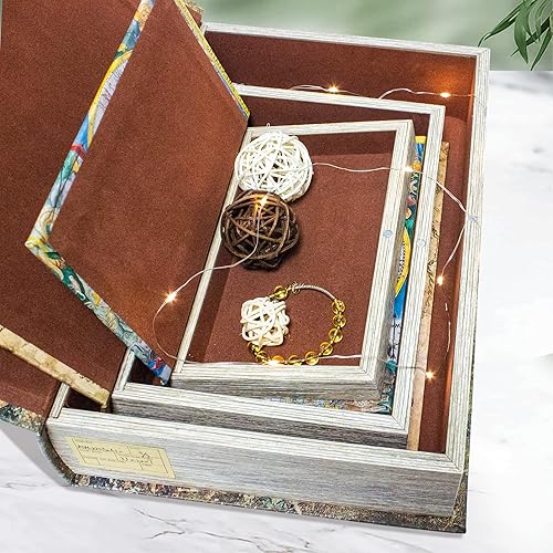 Miniatura 6 de Juego de 3 cajas decorativas para libros, cajas de almacenamiento de recuerdos falsos con patrón de mapa del mundo antiguo, regalo de graduación