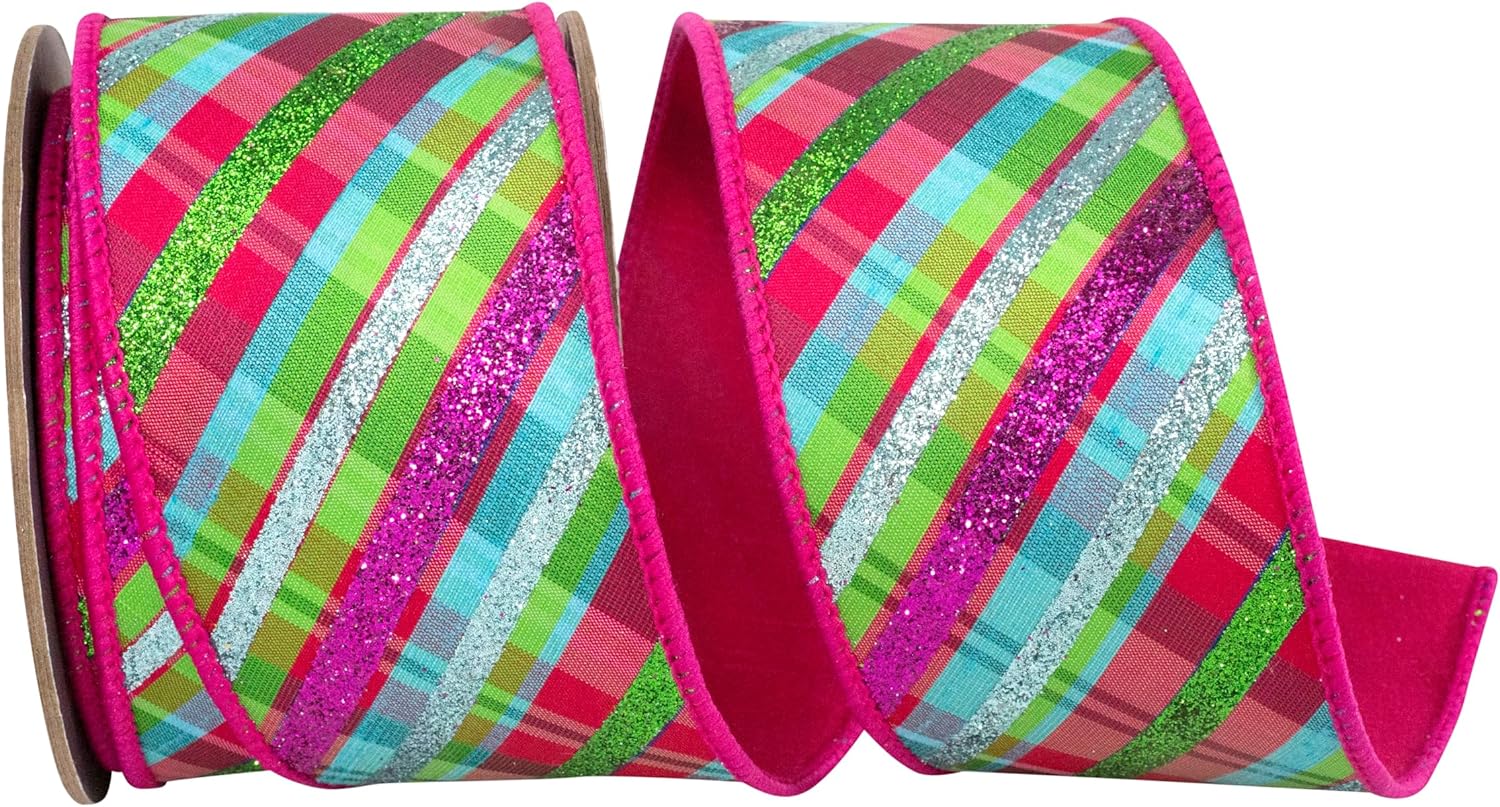 Reliant Ribbon Glitter Diagonal Bright Plaid Deluxe Fuchsia Backed Wired Edge, Fuchsia, 2-1/2 Inch, 5 Yards