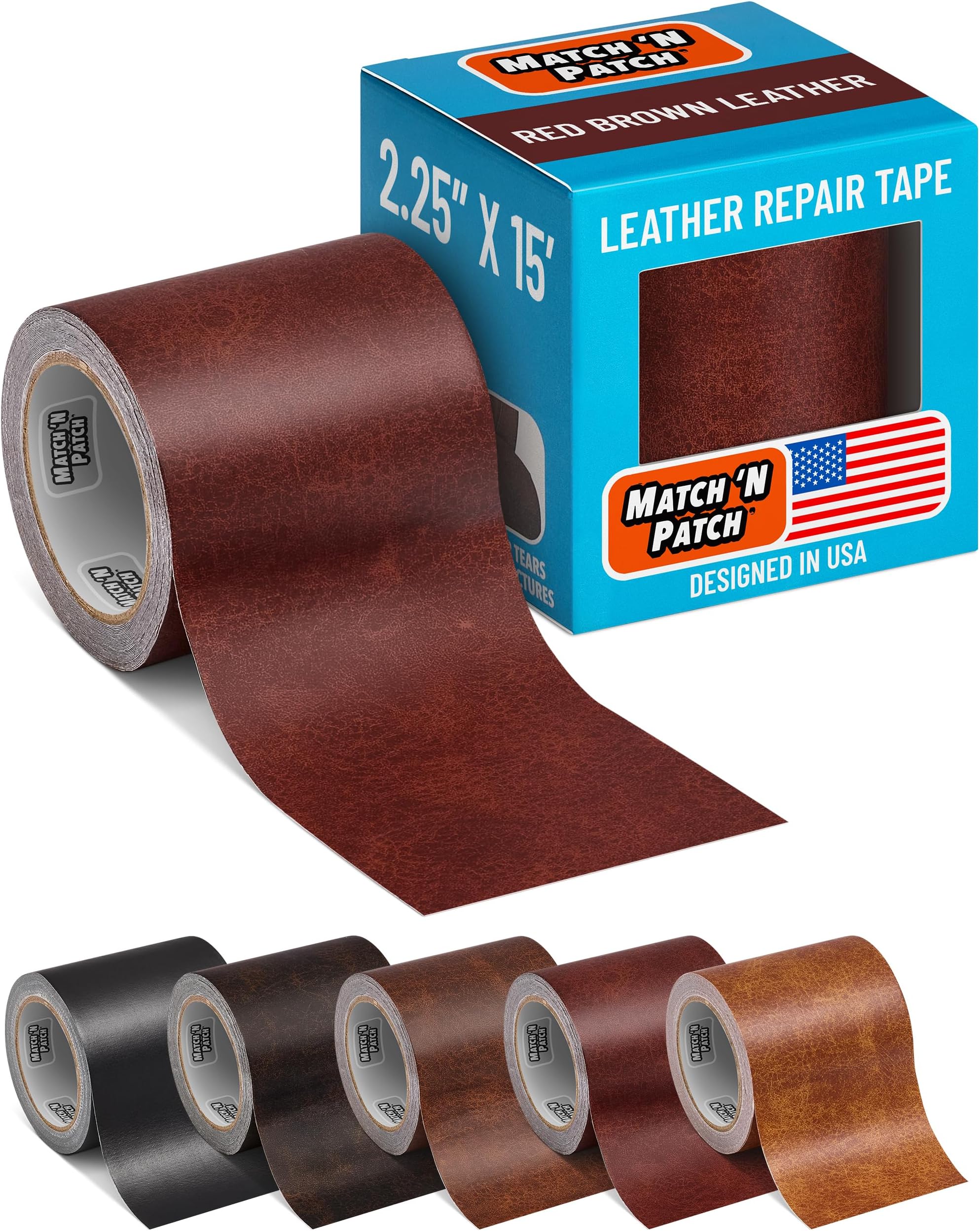 MATCH 'N PATCH Leather Repair Tape - Red Brown (2.25 inch x 15 feet) - Realistic Faux Leather Patches for Couch, Sofa, Upholstery, Car Seats & Other Furniture, Vinyl Repair Kit, Self Adhesive Patch
