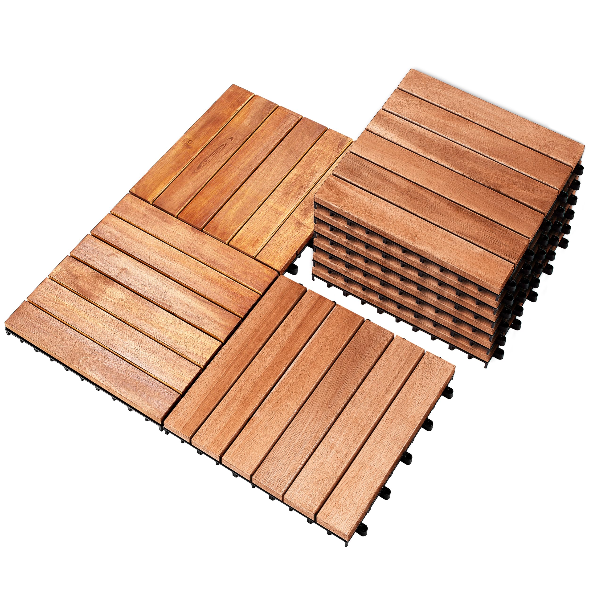 PrimeZone 9 PCS Solid Acacia Wood Interlocking Patio Deck Tiles - 12" x 12" Indoor Outdoor Waterproof Flooring Tiles for Balcony, Backyard, Porch &