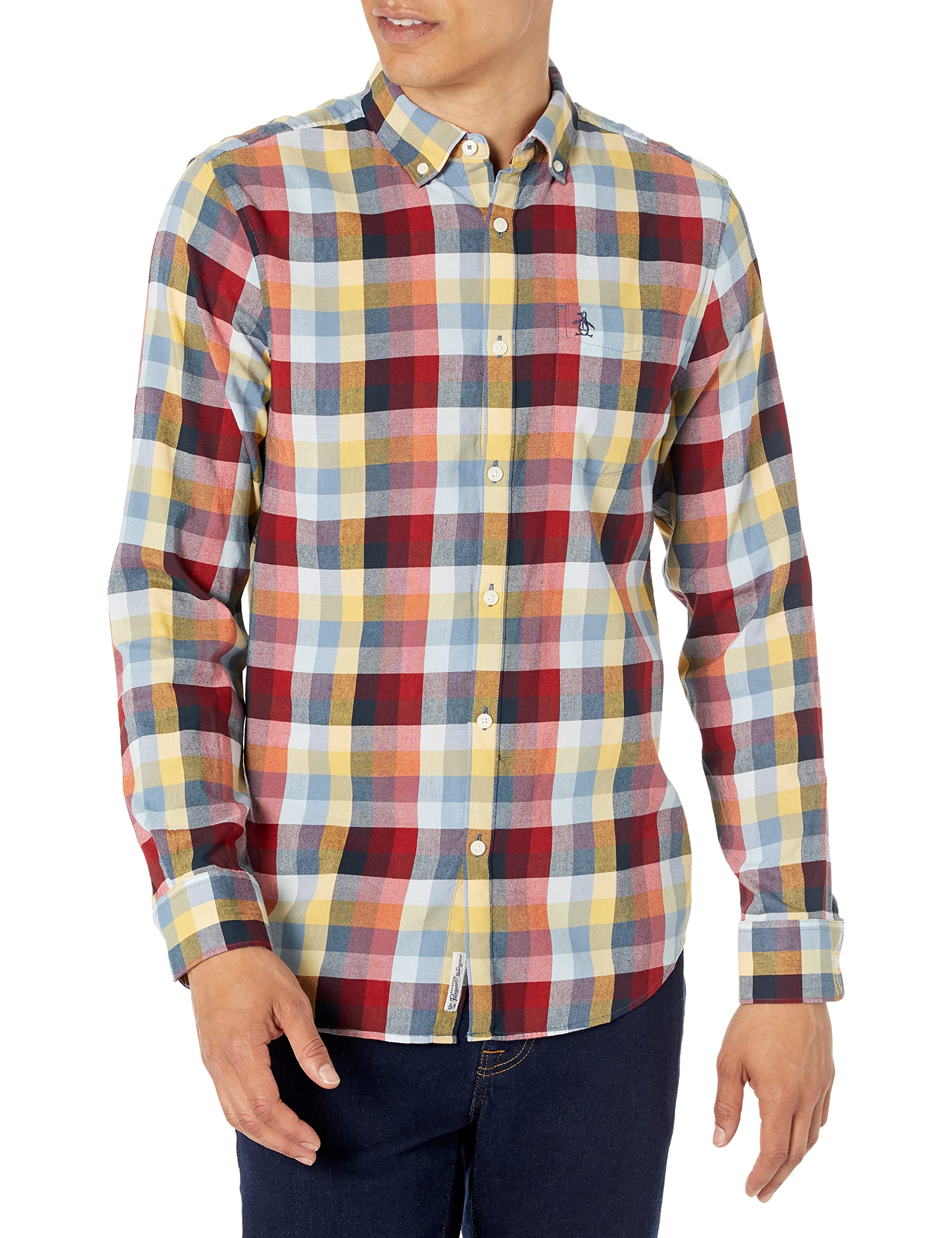 Original Penguin Mens Ecovero™ Blend Check Woven Stretch Long Sleeve Button-Down Shirt