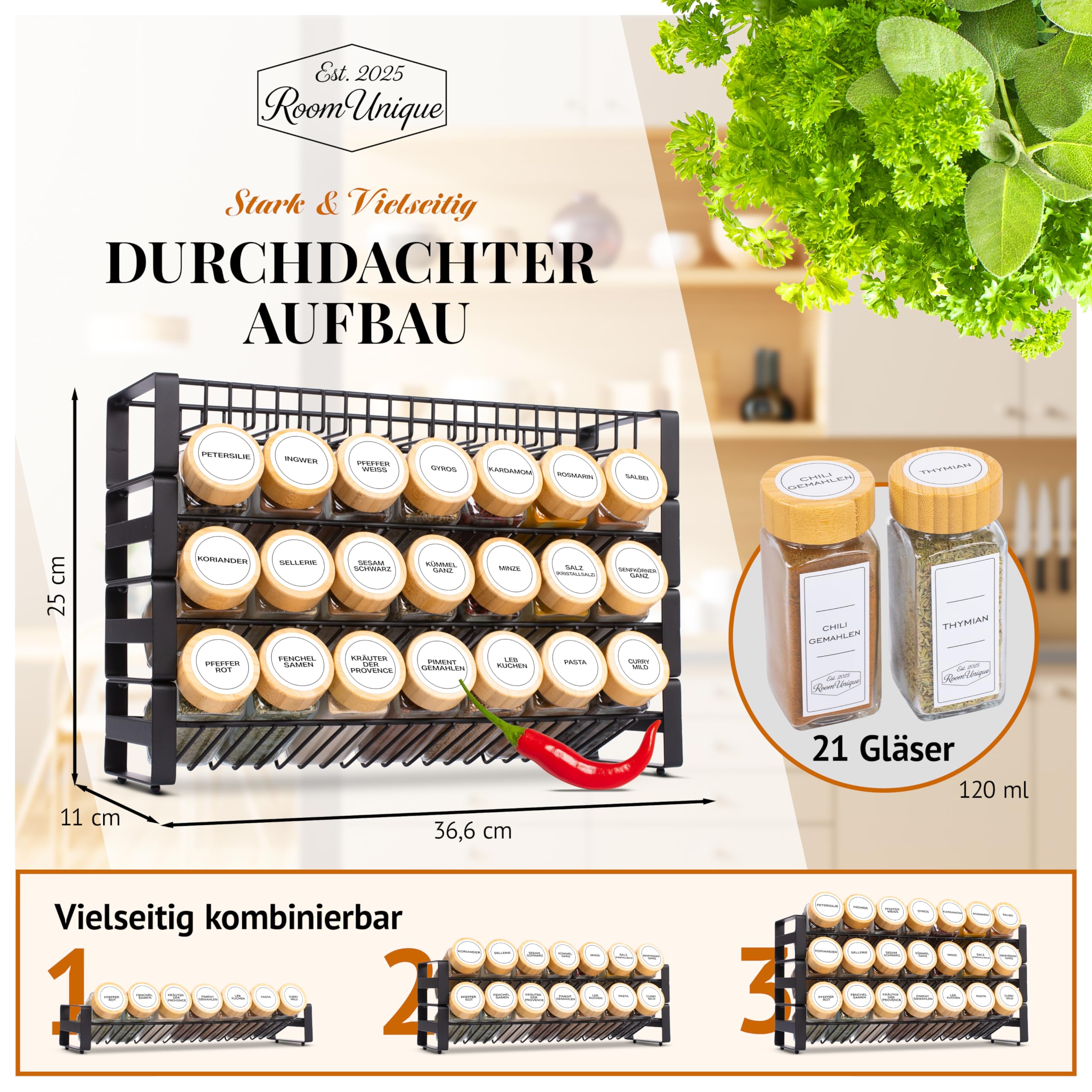Gewürzregal mit Gewürzgläsern | 21 Gläser a 120 ml mit Bambusdeckel | Etiketten | Streueinsätze | Trichter+Bürste | Metallregal 36,6×25×11 cm | Modular + beschriftbar | inkl. Marker