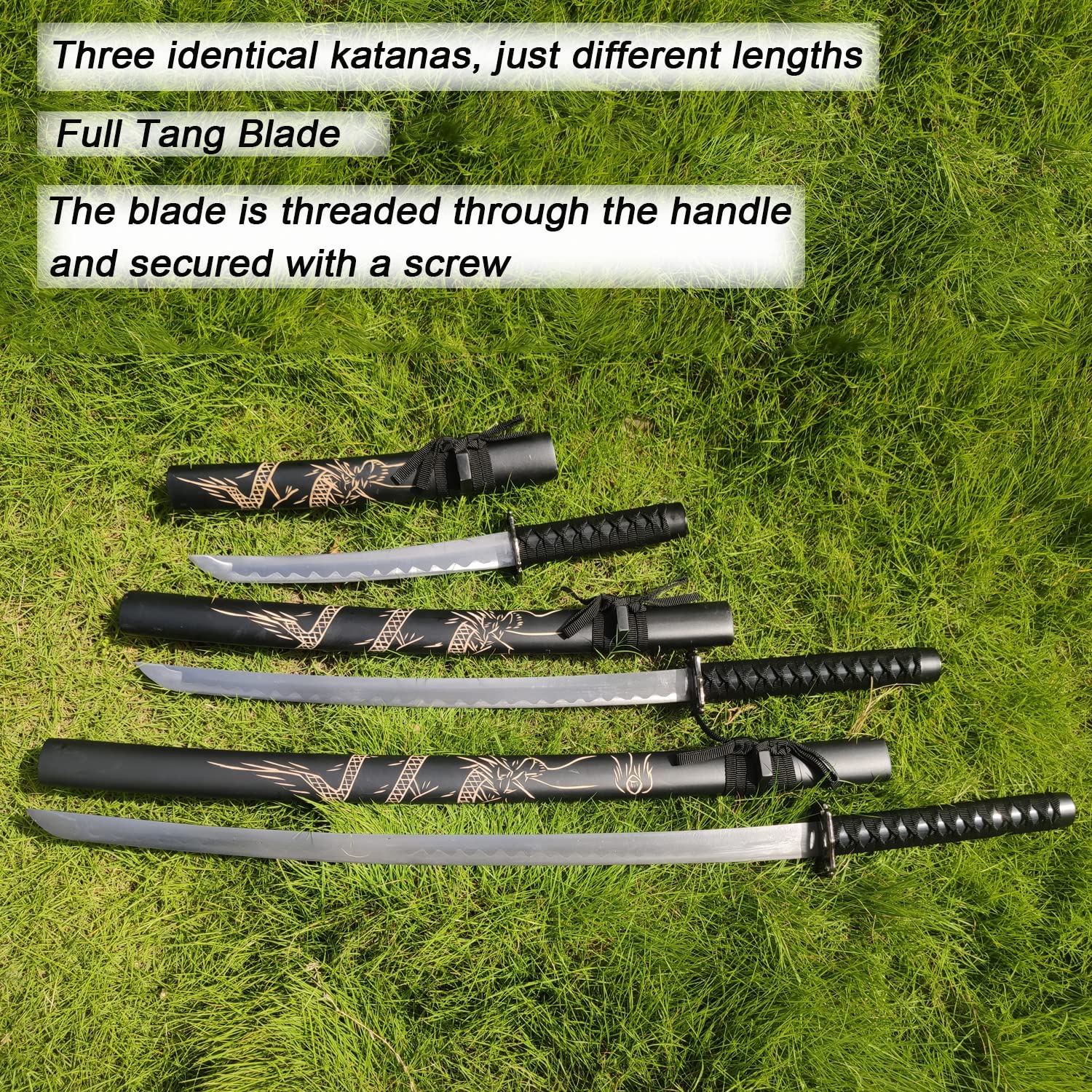 Sword 3er-Set Japanisches Samurai-Schwert mit Display-Ständer, Iaido Katana graviert mit Drachenmuster auf der Scheide