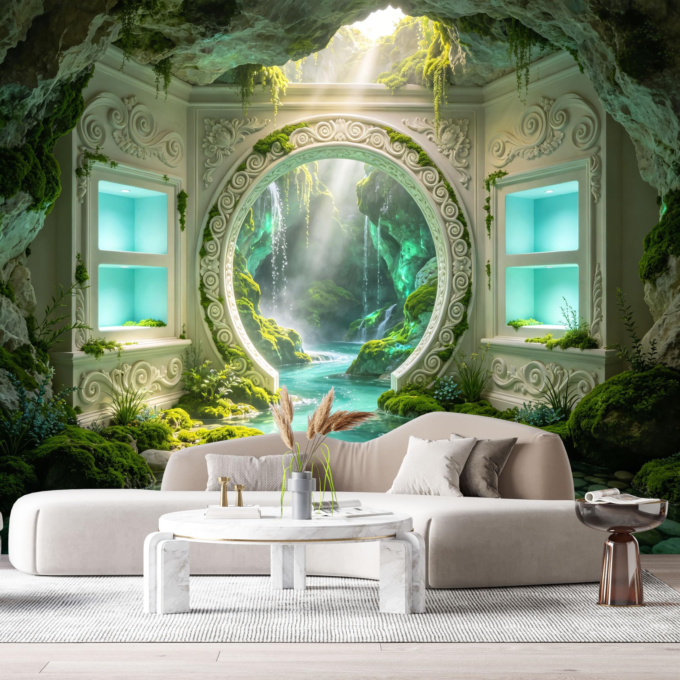 Custom Size Wall Murals Fantasy Grotto Enchanted Cave Waterfall Stalactites 3D Trompe L'Oeil SelfAdhesiveWall Fabric Removable Wallpaper Wall Decor for Living Room Bedroom Bathroom