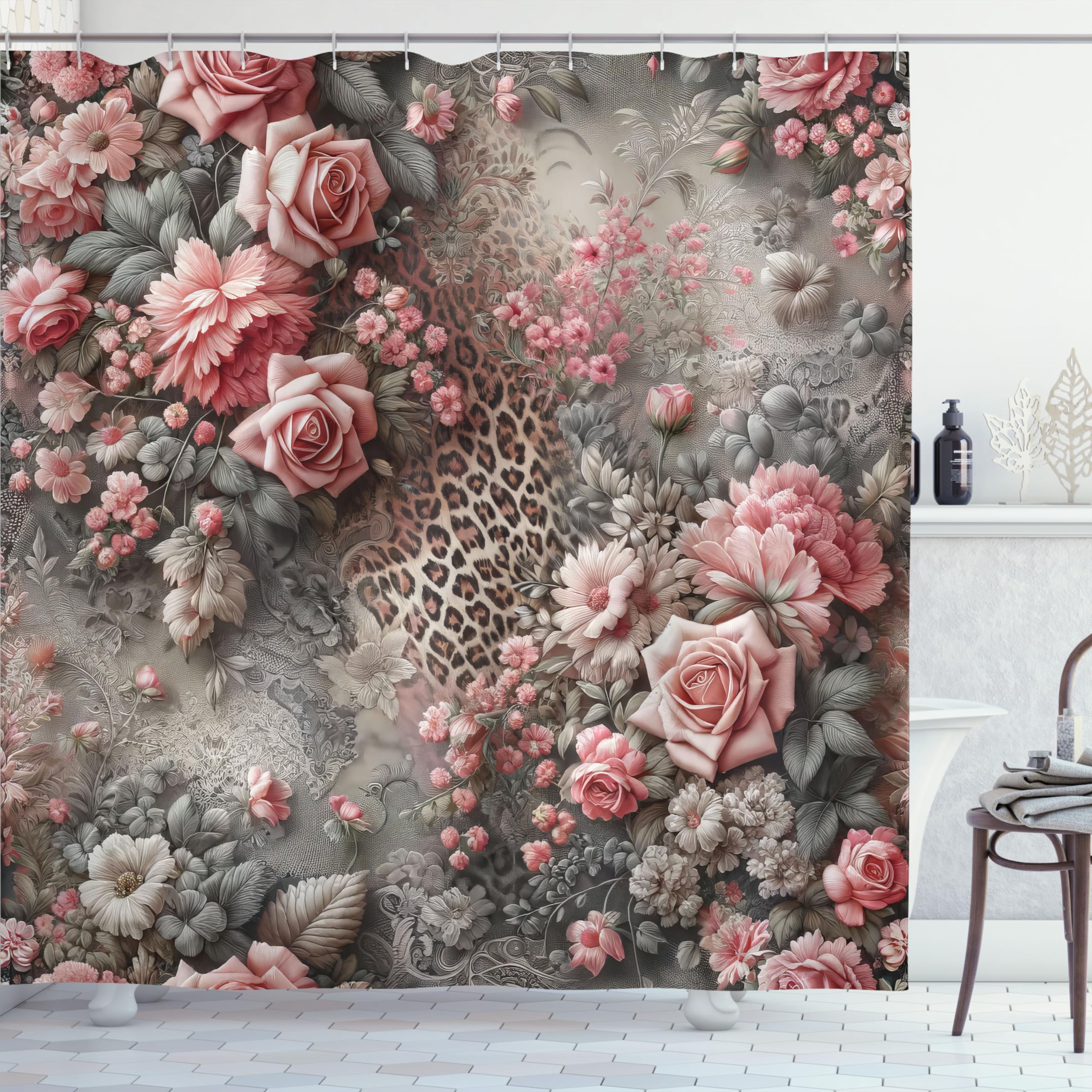 ABAKUHAUS Duschvorhang Rosa Leopardenmuster - 175x200cm Stoff Polyester Wasserabweisend