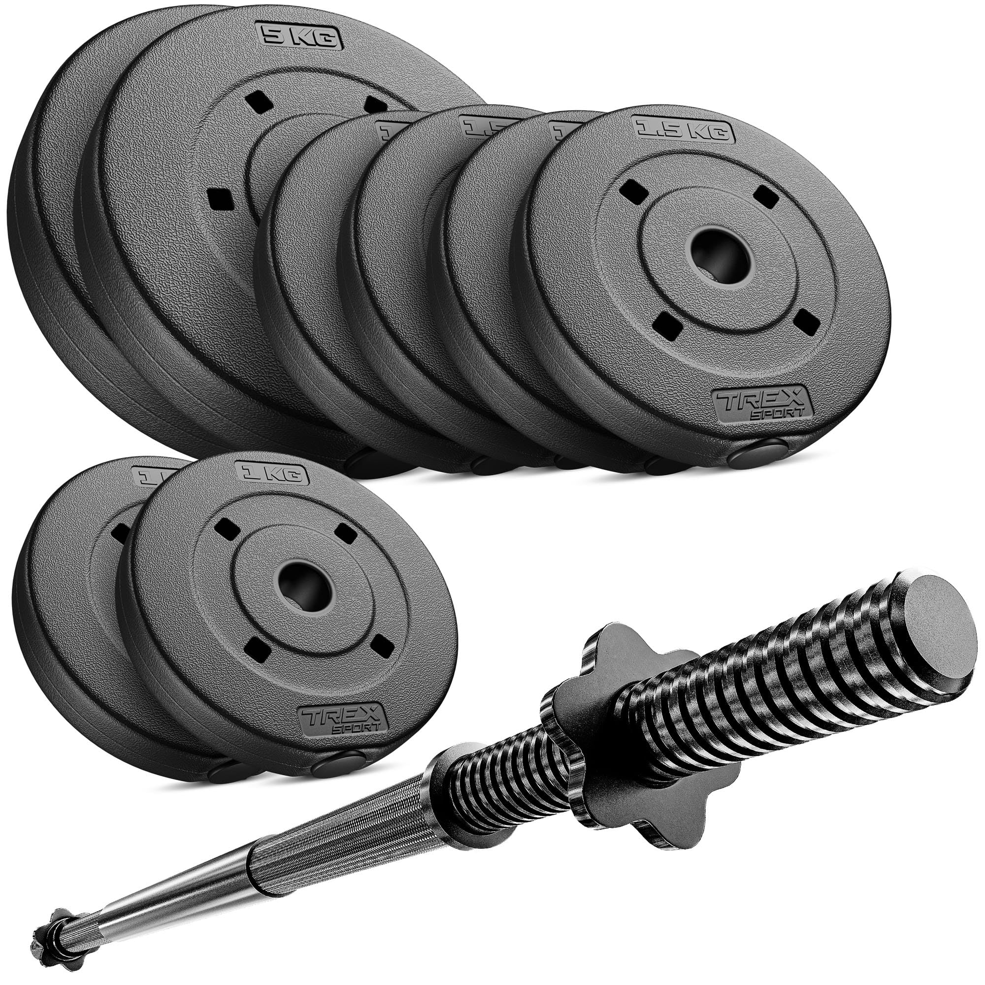 TREX SPORT Langhantel Set 22 kg | Hantelset mit Langhantelstange 120 cm | Aus Stahl und 8 Hantelscheiben aus Kunststoff in Schwarz mit mattem Finish für Krafttraining zuhause