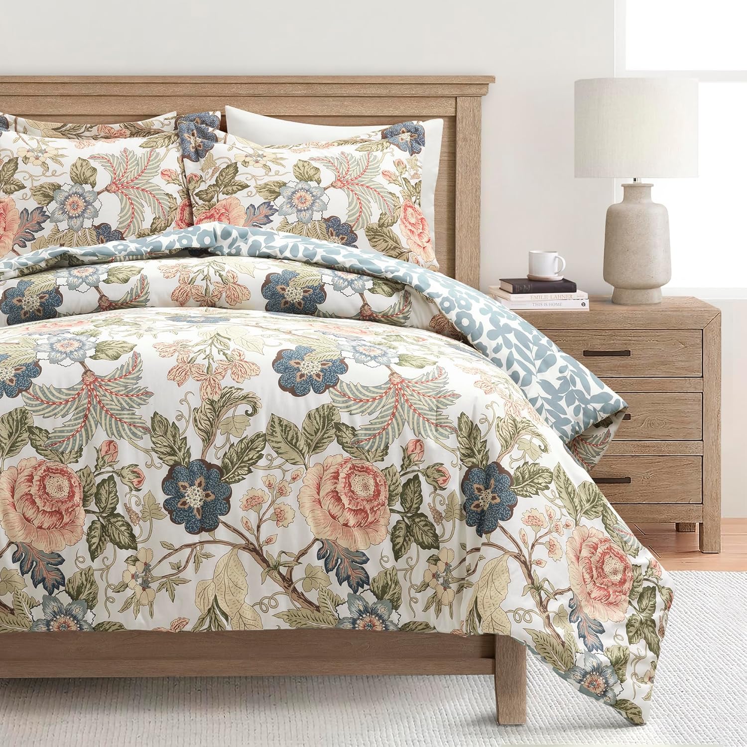 Lush Decor Sydney Floral Comforter Set, 3 Piece Set, Full/Queen, Green & Blue - Colorful Floral Bedding Set - Spring Decor - Flower Comforter - Vintage & Country Cottage Bedroom Decor