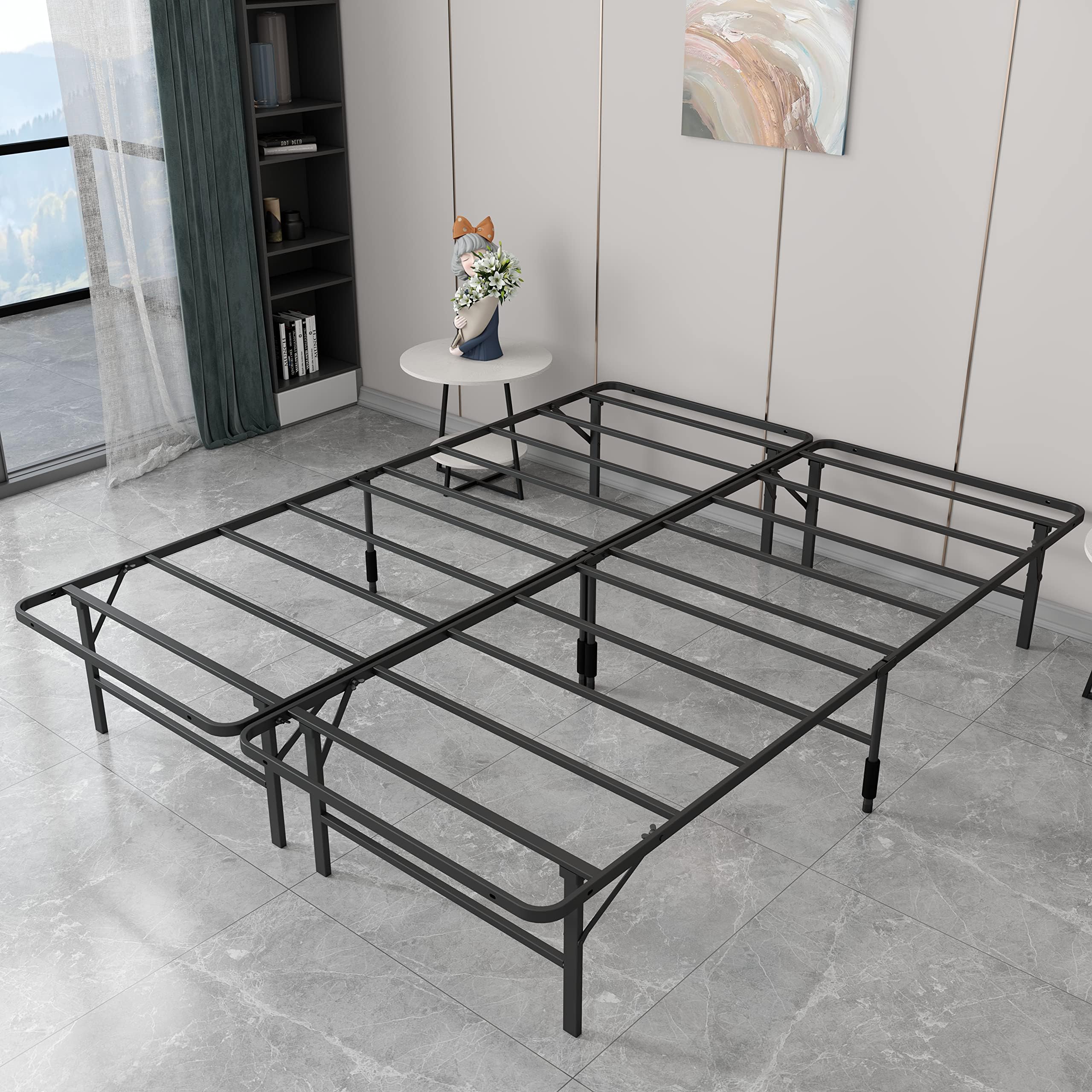 DUMMUP 14" Metal Foldable Bed Frame, Heavy Duty Full Size Folding Bed Frame with Round Corner Edge, Tool-Free/Easy Assembly/Storage/Steel Slat Support, Black