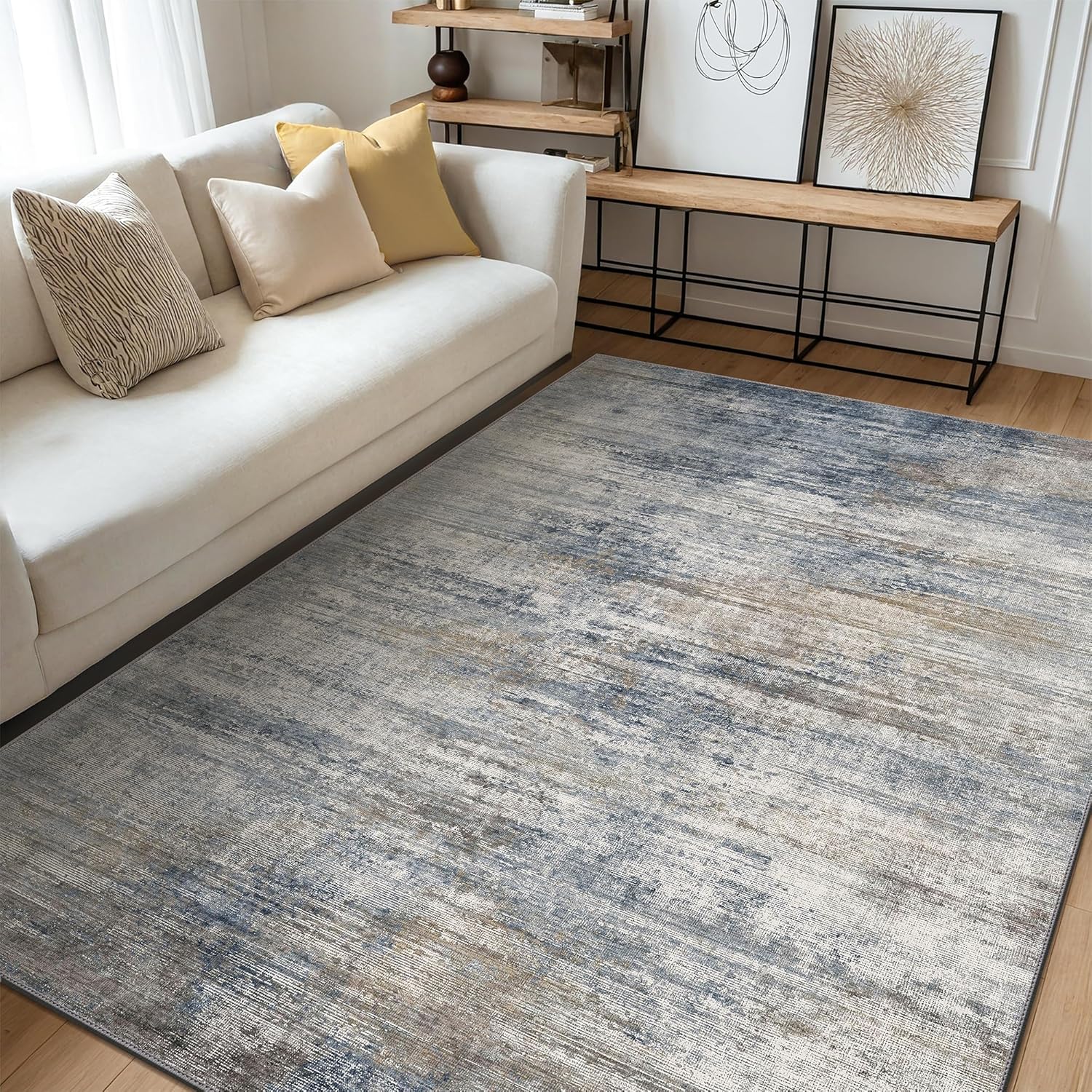 GENIMO Washable Area Rugs for Living Room Bedroom, 5X7 Modern Abstract Non Slip Rug, Low Pile Soft Contemporary Indoor Floor Carpet Cover for Dinning Room Kitchen, Denim Blue Gray