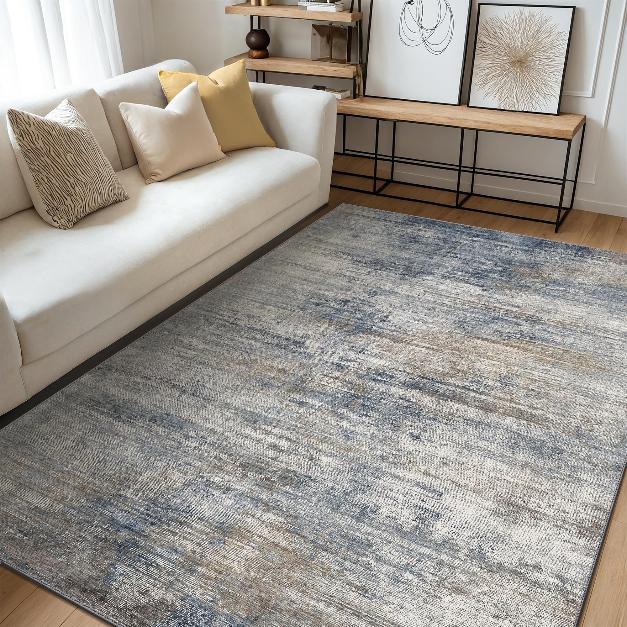 GENIMO Washable Area Rugs for Living Room, 8x10 Modern Non Slip Rugs, Low Pile Lightweight Soft Print Rug for Bedroom, Dining Room, Home Office, Denim Blue Gray