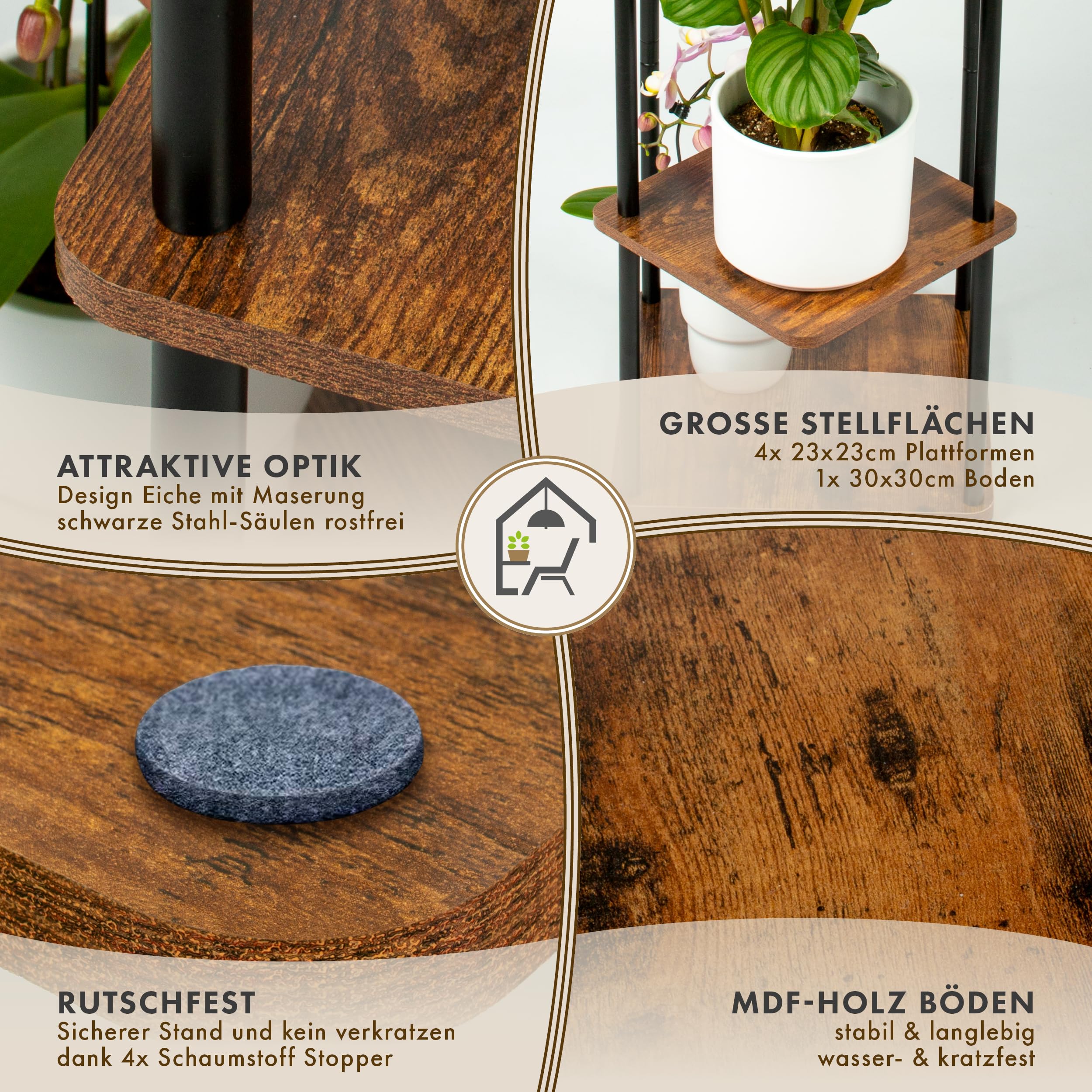 Blumenständer TOWER 2er Set - 5 Etagen 105 cm hoch Pflanzenständer | - Design Holz Eiche & Metall schwarz innen Deko für Wohnzimmer Blumen Ständer & Regal Pflanzenregal Blumenregal Blumentreppe