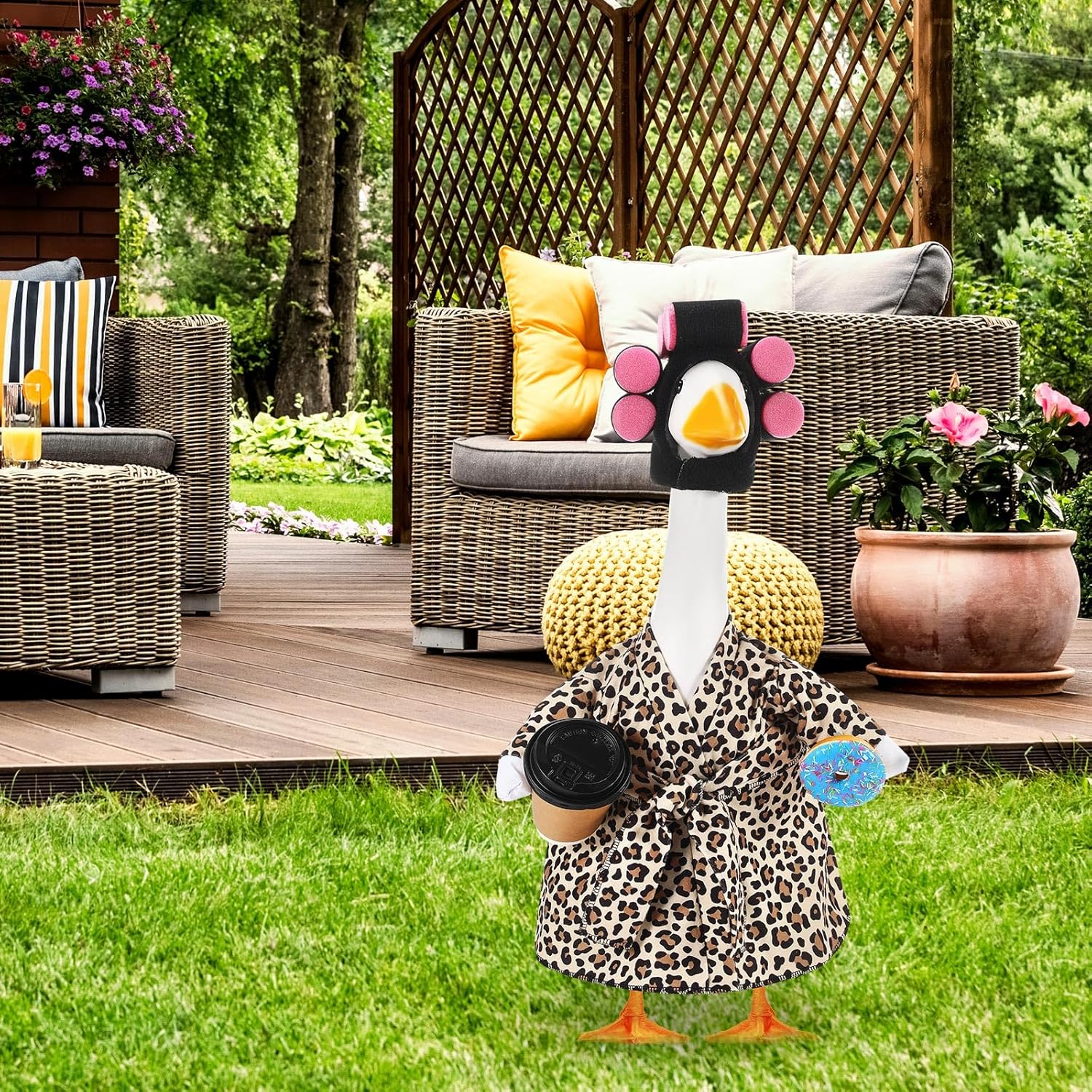 Shyyween Lady Porch Goose Outfit for 23'' Cement Plastic Lawn Goose Statue Clothes Bathrobe Coffee Cup Curlers for Outdoor Garden Yard Patio Decoration(Leopard Print Color)