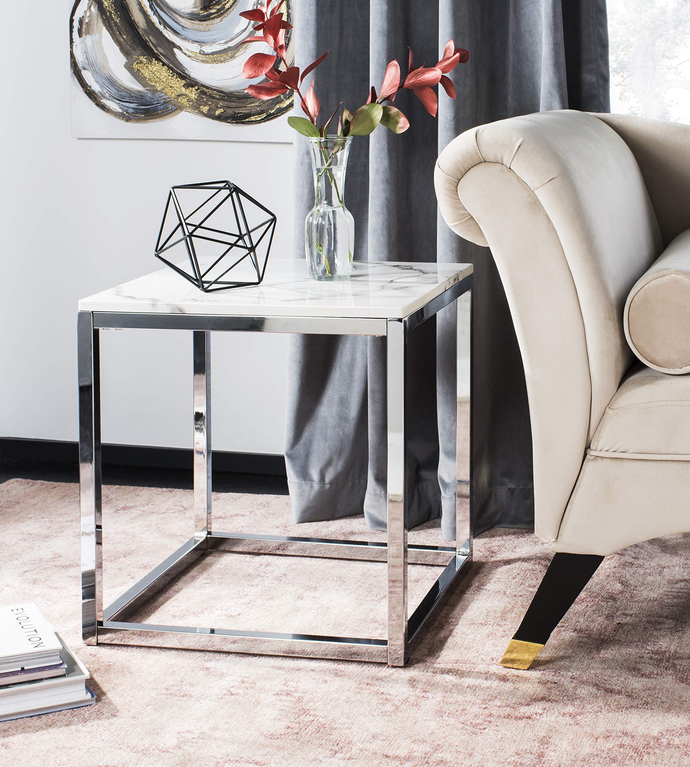Safavieh Home Bethany Glam White Marble and Chrome Square End Table
