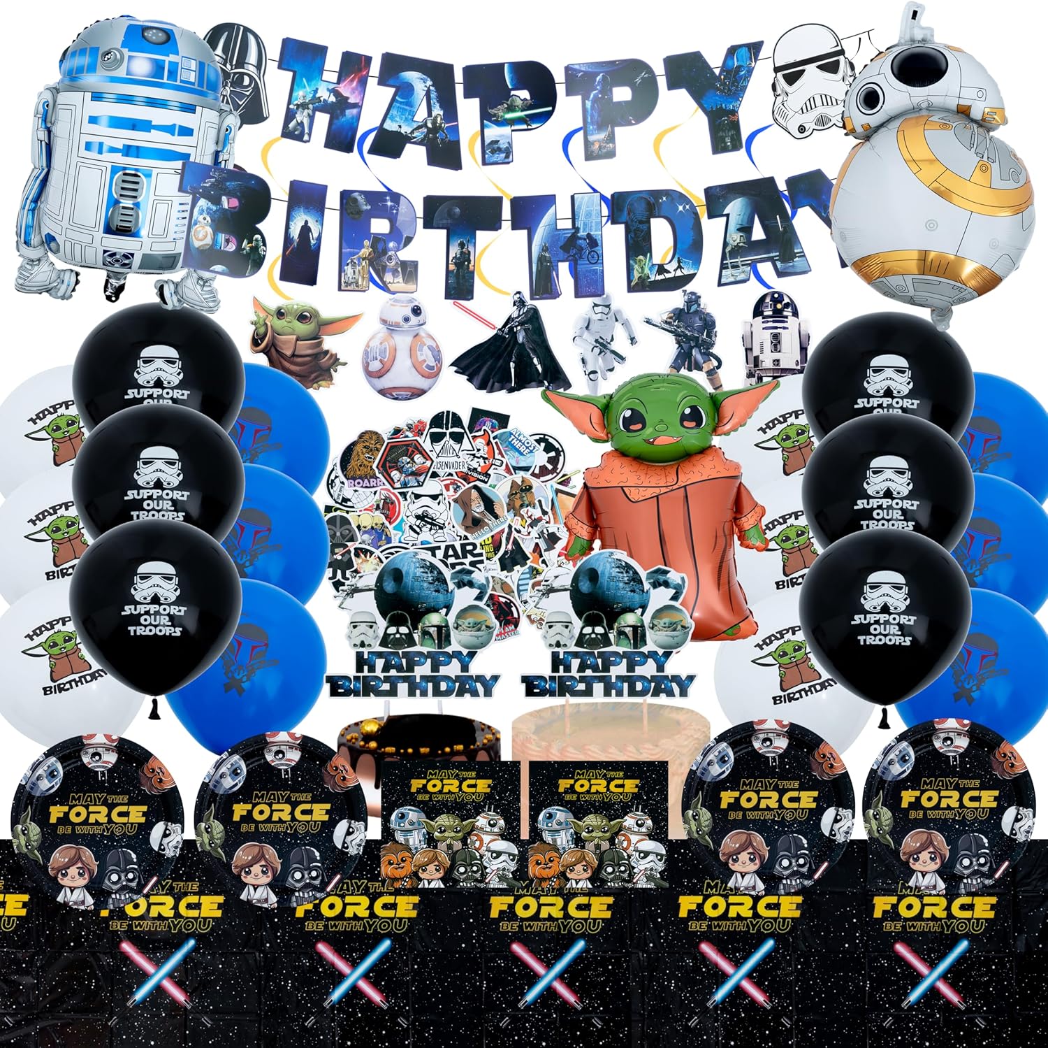 Space Birthday Decorations, 115PCS Sci-Fi Party Decoration Set with Birthday Banner, Cake Toppers, Balloons, Hanging Swirls, Paper Plates, Napkins, Tablecloth, and Stickers for Themed Birthday Party