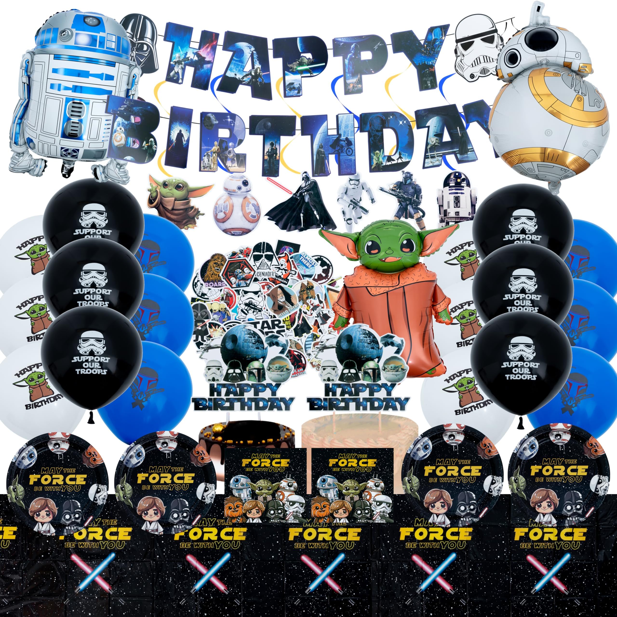 Space Birthday Decorations, 115PCS Sci-Fi Party Decoration Set with Birthday Banner, Cake Toppers, Balloons, Hanging Swirls, Paper Plates, Napkins, Tablecloth, and Stickers for Themed Birthday Party