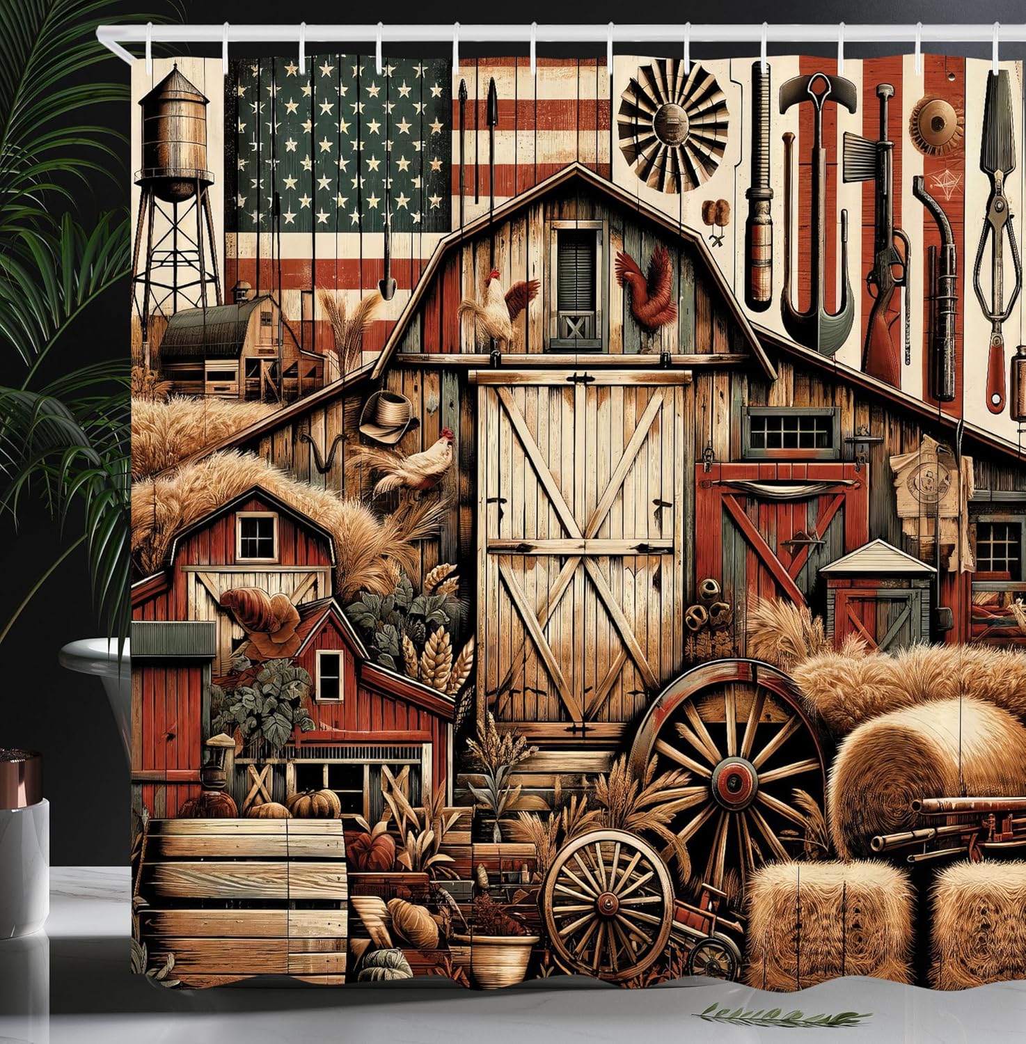 Ambesonne Rustic Shower Curtain, Grunge US Patriotic Style American Barn Western Farmhouse Cottage, Cloth Fabric Bathroom Decor Set with Hooks, 69" W x 84" L, Paprika Caramel and Dark Teal