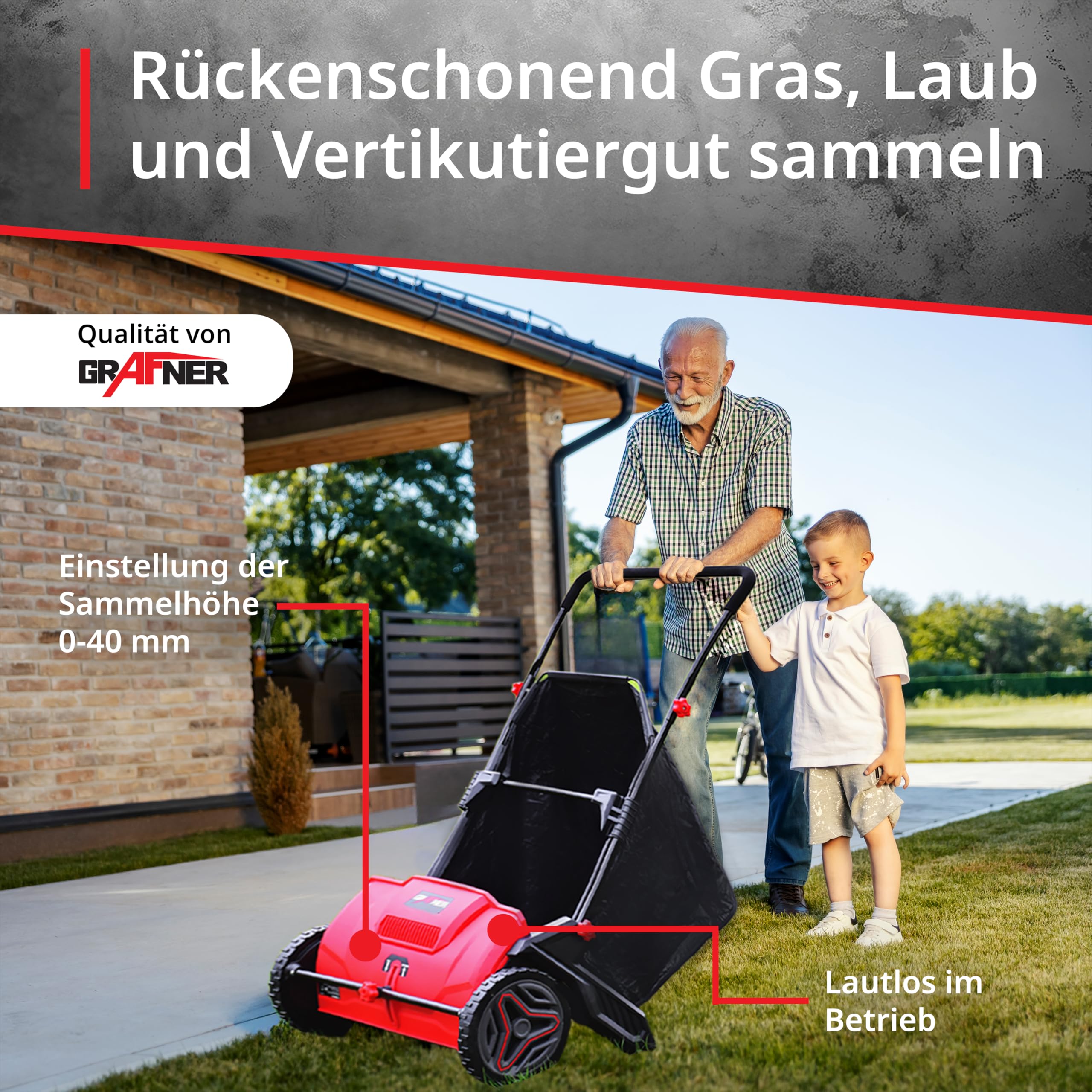 Grafner Laub- und Rasensammler, große Arbeitsbreite: 53 cm, 100 Liter Fangsack, stufenlose Höhenverstellung, Rasen Kehrmaschine Rasenkehrer Laubsammler Kehrmaschine Laubkehrmaschine Grasschnittsammler