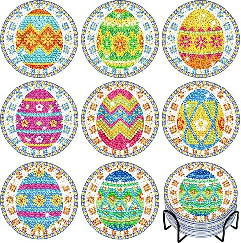 Amyhill 8 posavasos de pintura de diamante de huevo de Pascua posavasos de arte de diamante kits de pintura de diamante posavasos de Pascua para