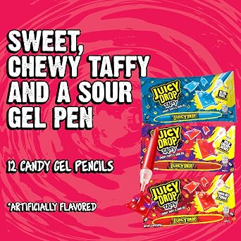 Juicy Drop Taffy Variety Pack, Assorted Flavors Sweet Chewy Candy with Sour Gel Pen, 16 Count
