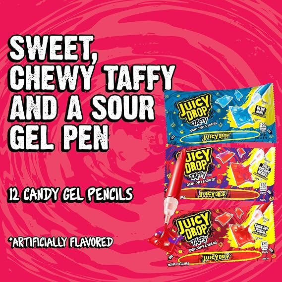 Juicy Drop Taffy Variety Pack, Assorted Flavors Sweet Chewy Candy with Sour Gel Pen, 16 Count