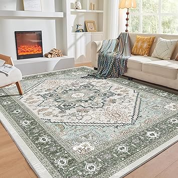 OPPODREAM Soft 8x10 Area Rugs, Washable Rugs 8x10 with Non Slip Backing, Faux Cashmere Low-Pile 8 x 10 Carpet, Green
