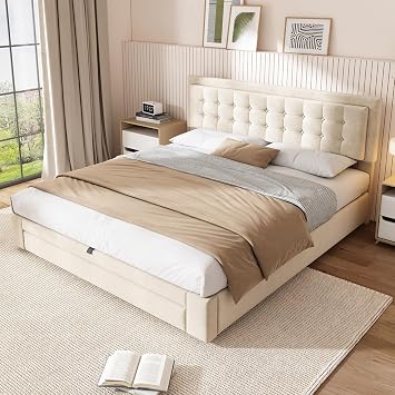 ModernLuxe Super King Size Bed Frame, Fashion Upholstered Ottoman Bed, 6FT Bed Frame with Storage, Slats and Headboard, Hydraulic Bed with Drawers, No Mattress, Cream Velvet Fabric 180x200cm