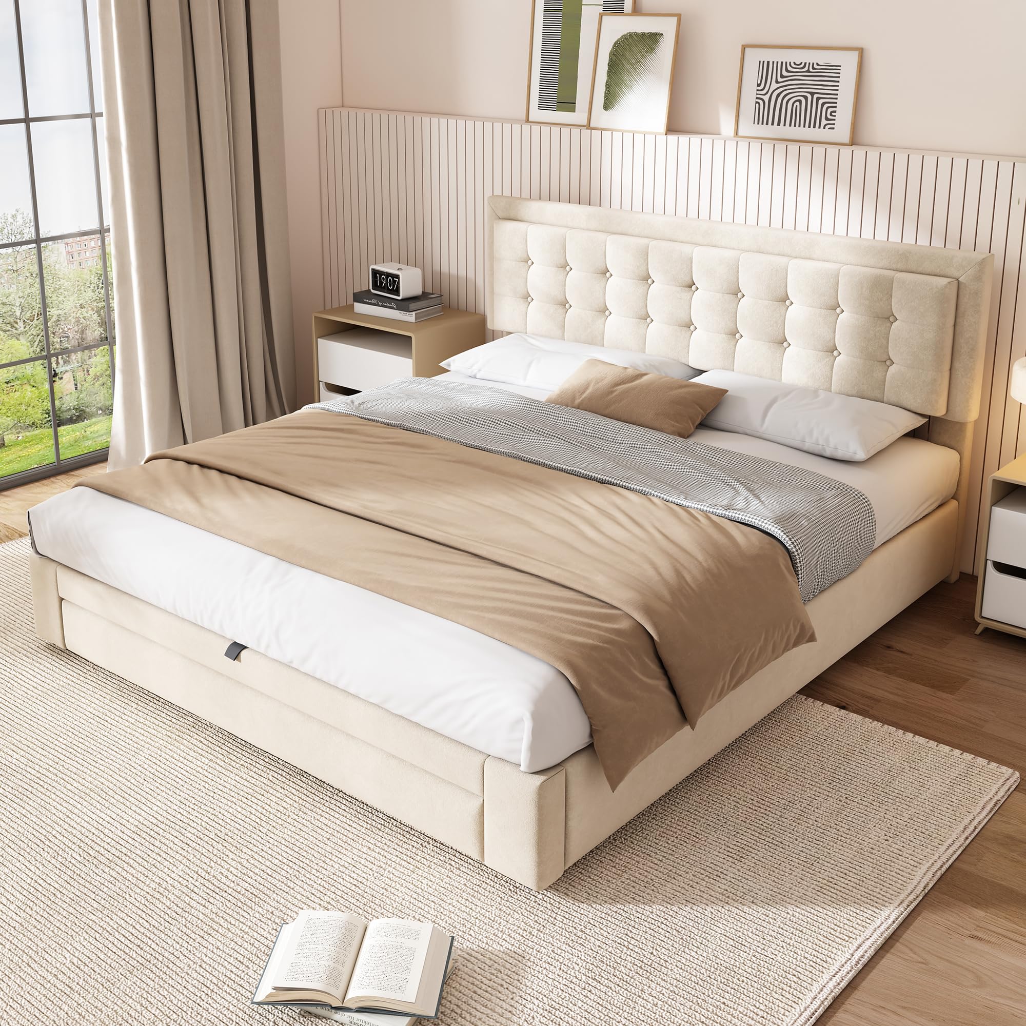 Zepneiy Letto imbottito 180 x 200 cm con rete a doghe e testiera beige