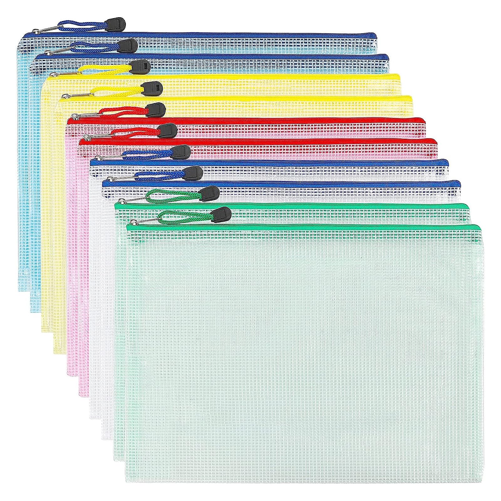 A4 Zipped Document Pouch, 5 Colours PVC Transparent Document Folder, Mesh Zipper Pouch for Travel, Office, Travel, Supplies (10 Pieces)