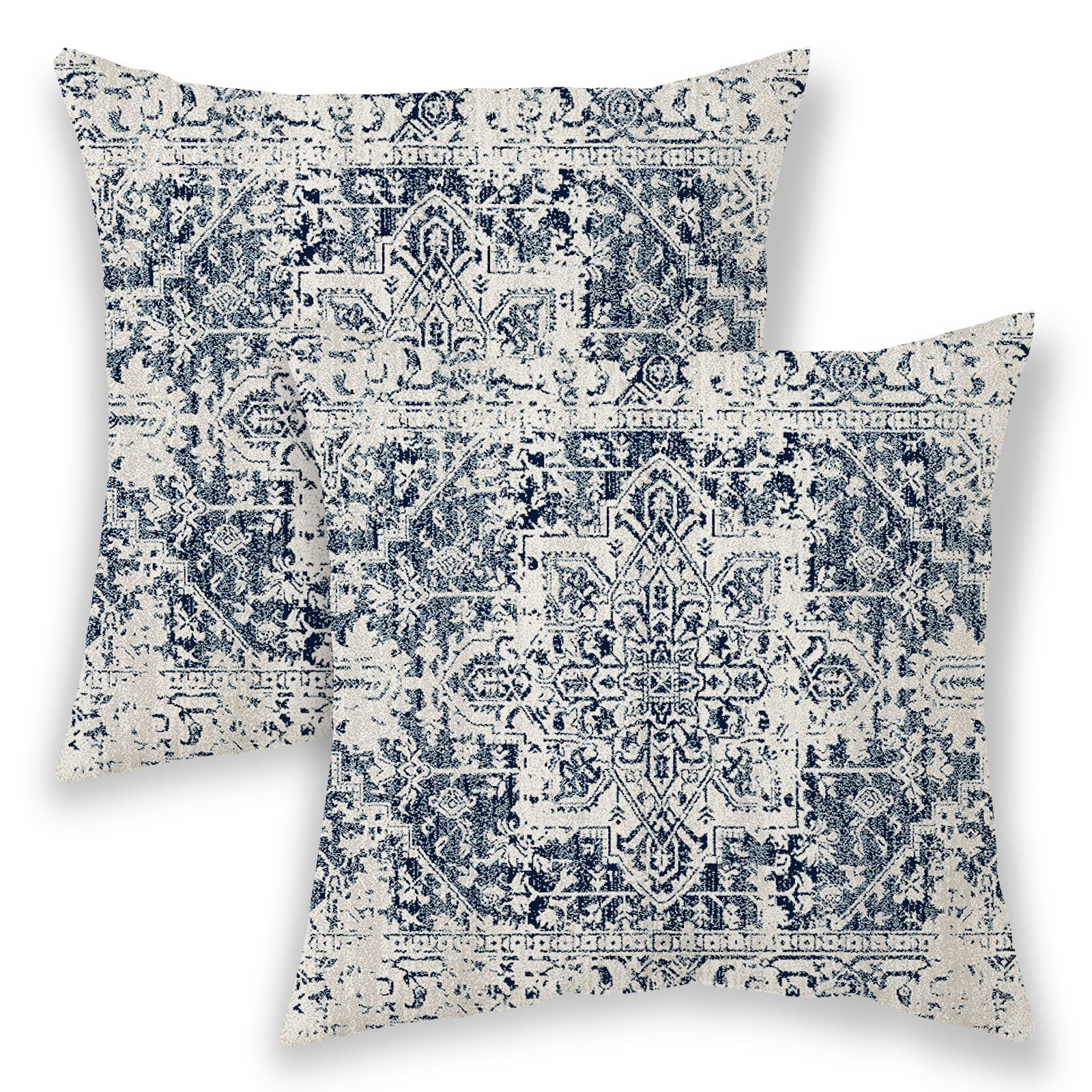 Boho Pillow Covers 18x18, Blue and White Ethnic Design Outdoor Decorative Throw Pillows for Couch, Carpet Pattern Decor Cushion Cover 2 Pcs Farmhouse