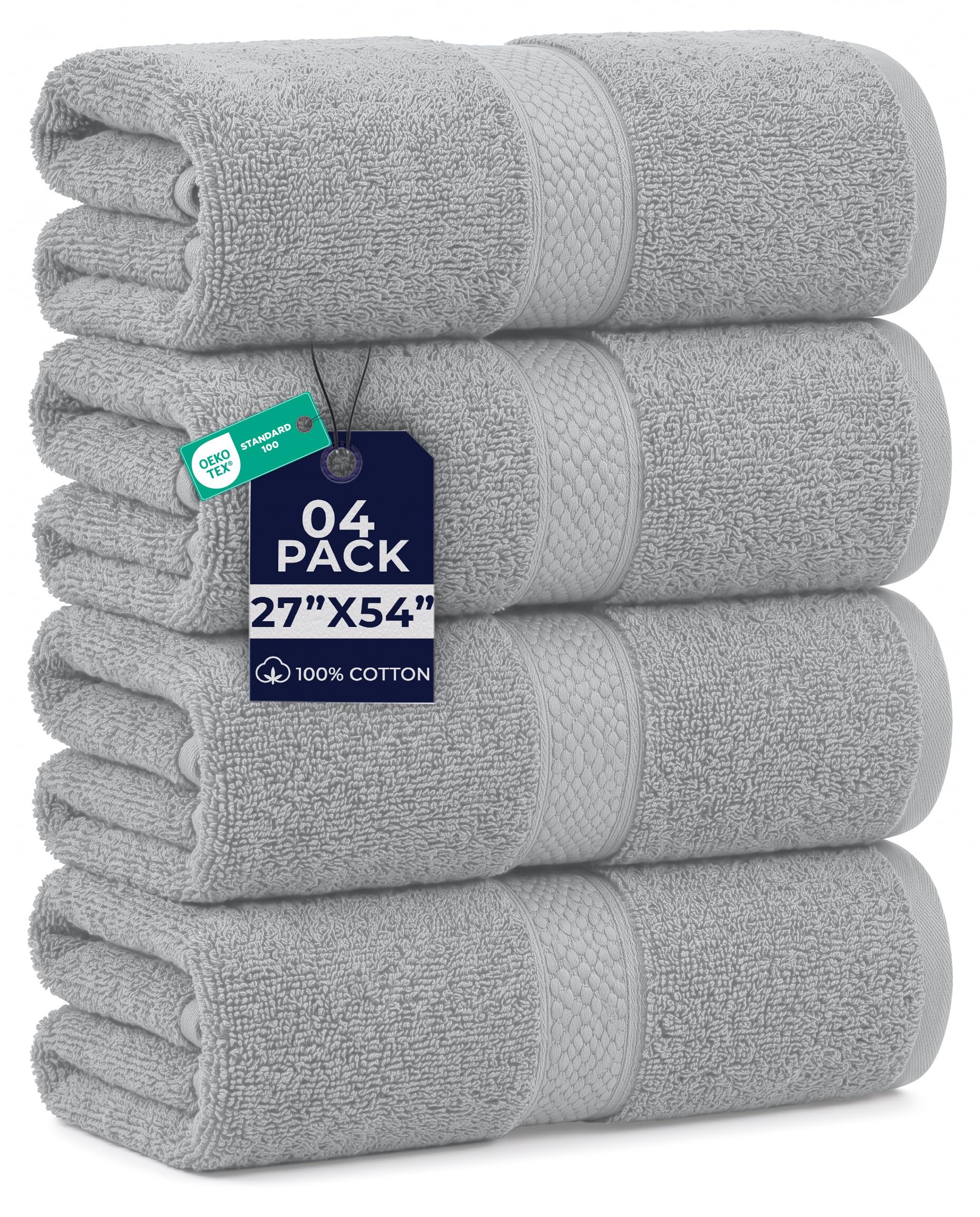 DAN RIVER 600 GSM Cotton Large Bath Towels Set of 4, 27 x 54 Inches, Silver