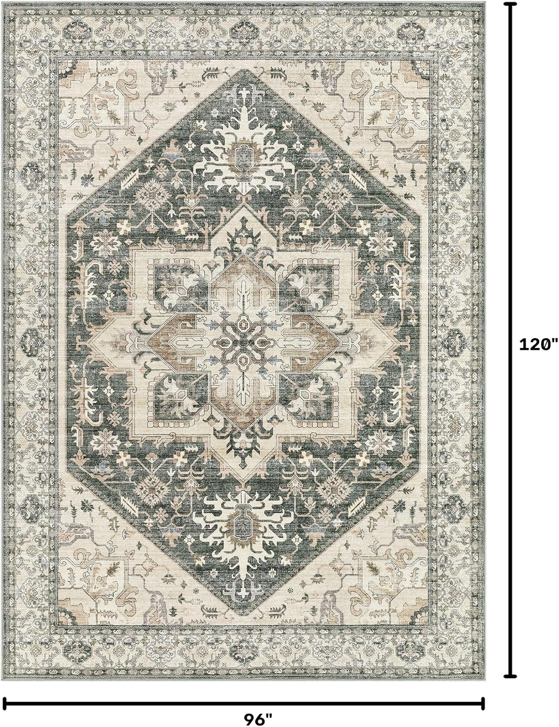8x10 Area Rugs for Living Room - Large Carpet Ultra Thin Soft Washable Oriental Vintage Floral Distressed Rug Big Indoor Carpets for Bedroom Nursery Dorm Home Decor Aesthetic - Vintage Green image 2