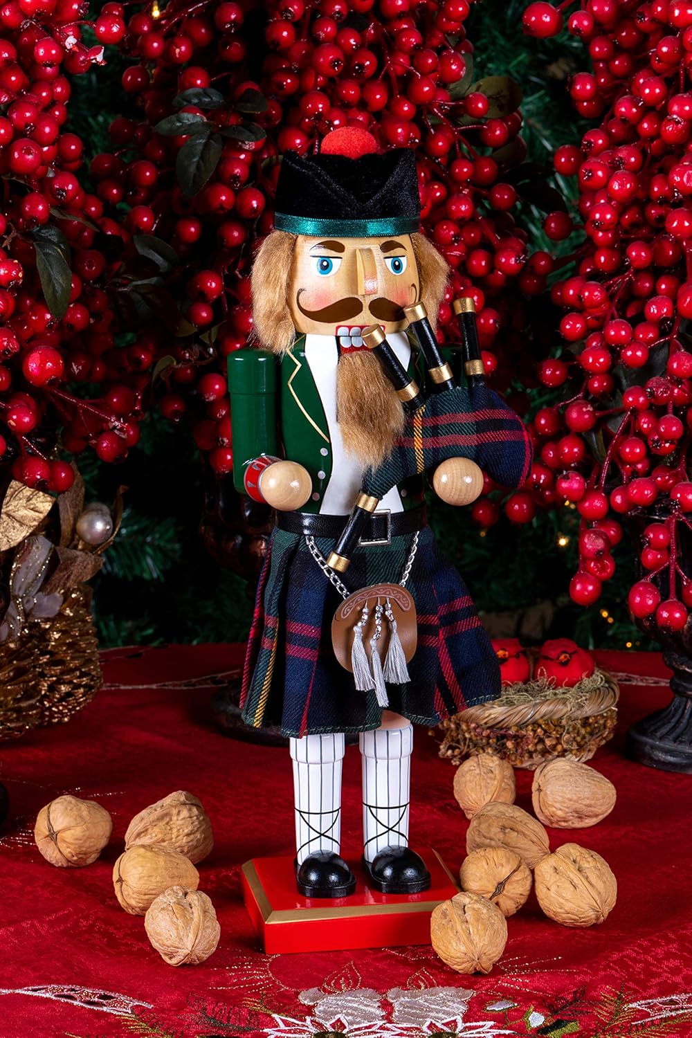 Clever Creations Green Scottish Bagpiper 12 Inch Traditional Wooden Nutcracker, Festive Christmas Décor for Shelves and Tables