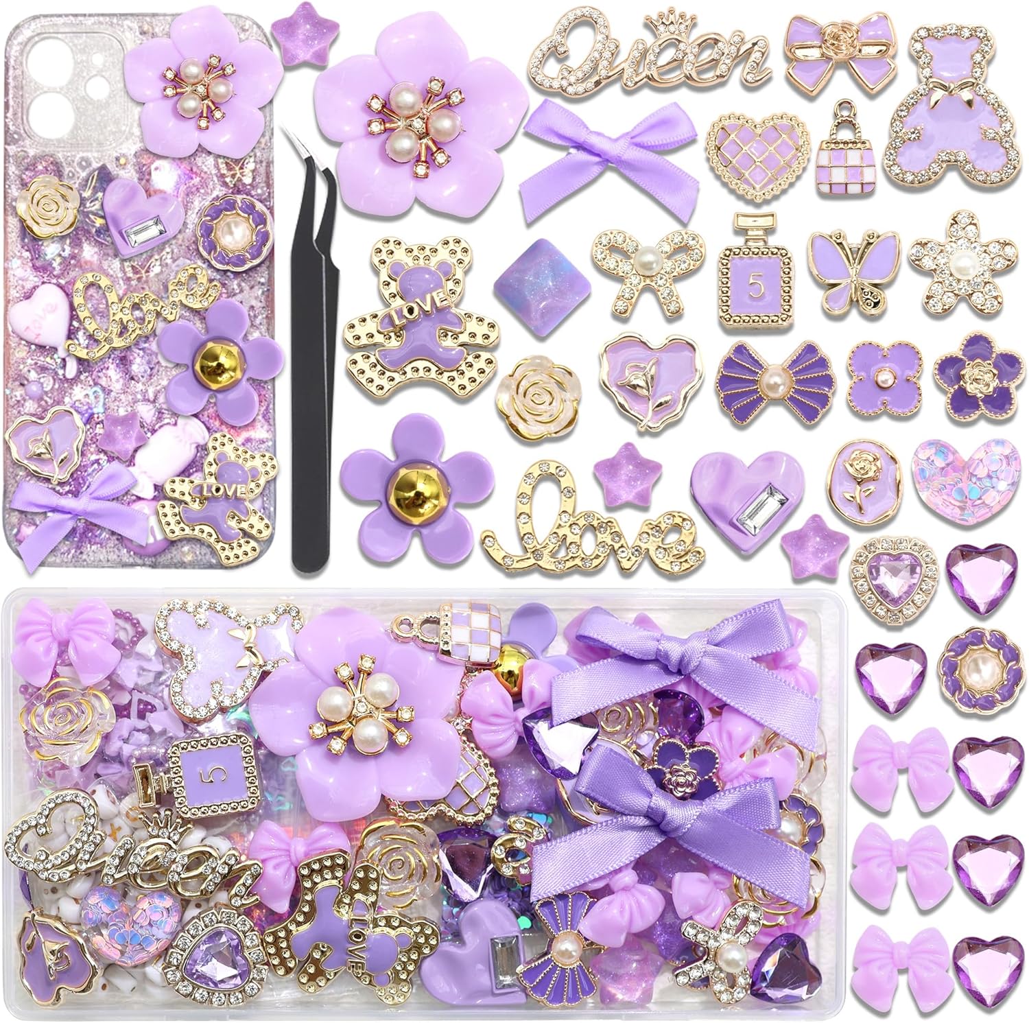 BELICEY Junk Case Charms Kit Purple Bow Flower Butterfly Charms for Junk Cases Resin Bear Heart Rose Cell Phone Case Charm 3D Star Big Charm for Customizing DIY Craft Accessories