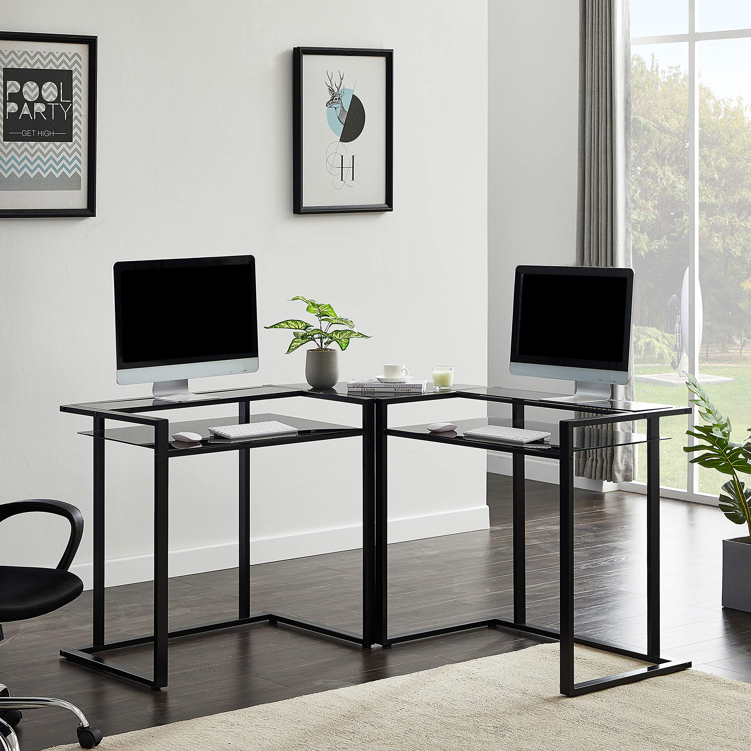 Merax 56'' Computer L-Shaped Keyboard Tray Glass Workstation Desk Study Table, Black