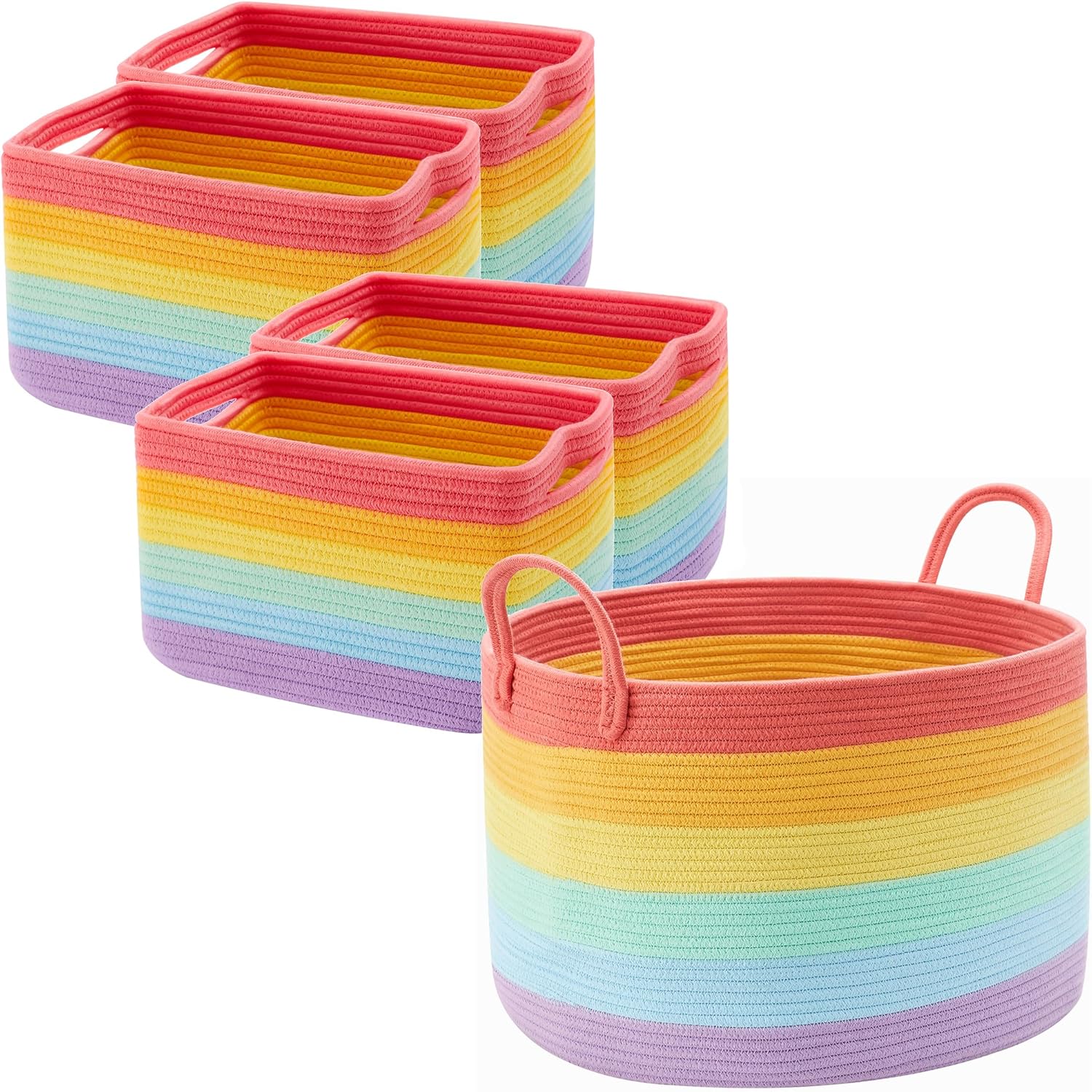 Set of 4 Rainbow Rope Basket for Shelves Woven Rectangle Storage Basket Bins for Nursery Toy Storage for Baby Girl