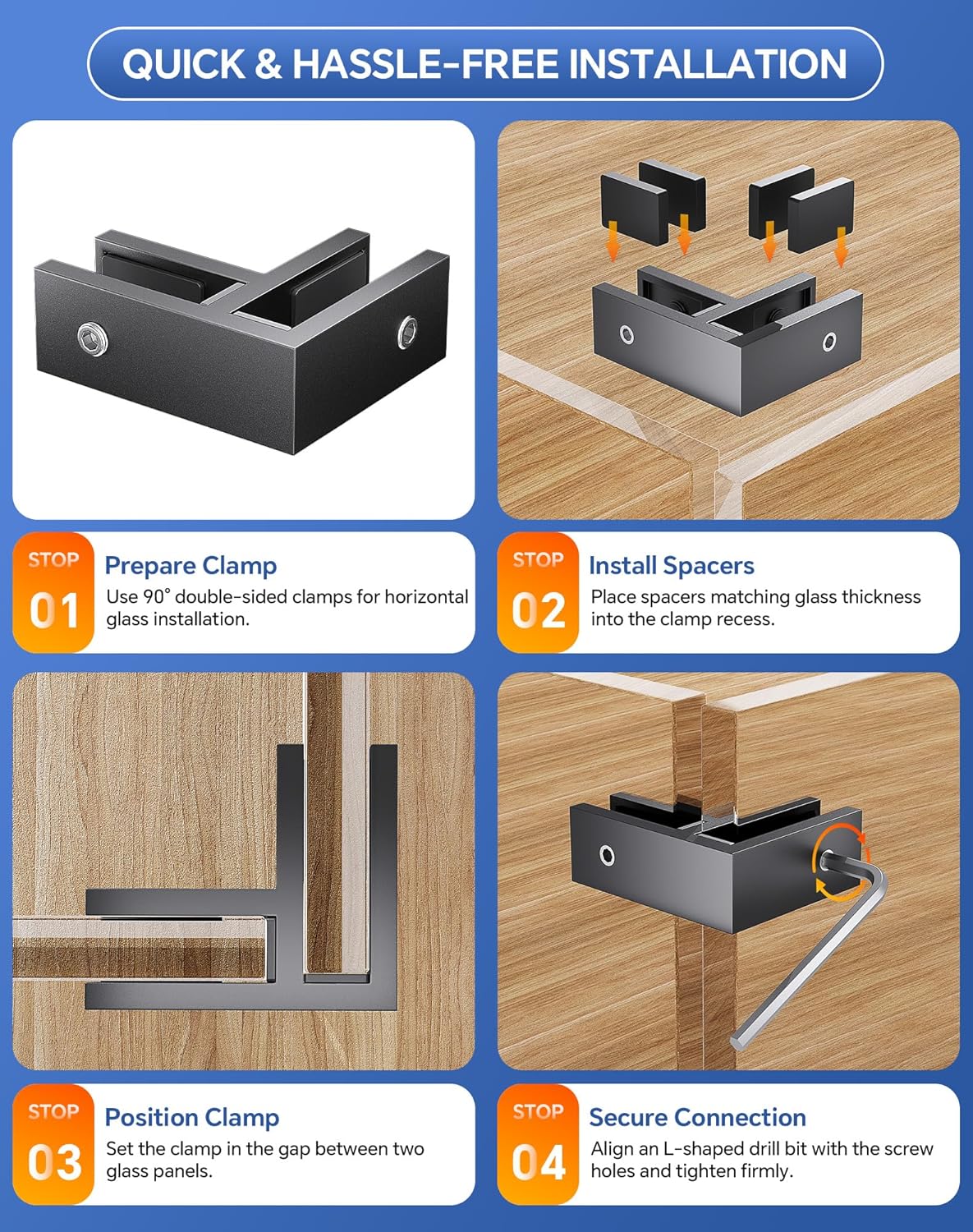 4 Pack Glass Clamp, 90 Degree Railing Clamp, 304 Stainless Steel Railing Clip for 3/8"-1/2" Thickness Glass, Double Sided Balustrade Bracket Holder for Fence, Deck