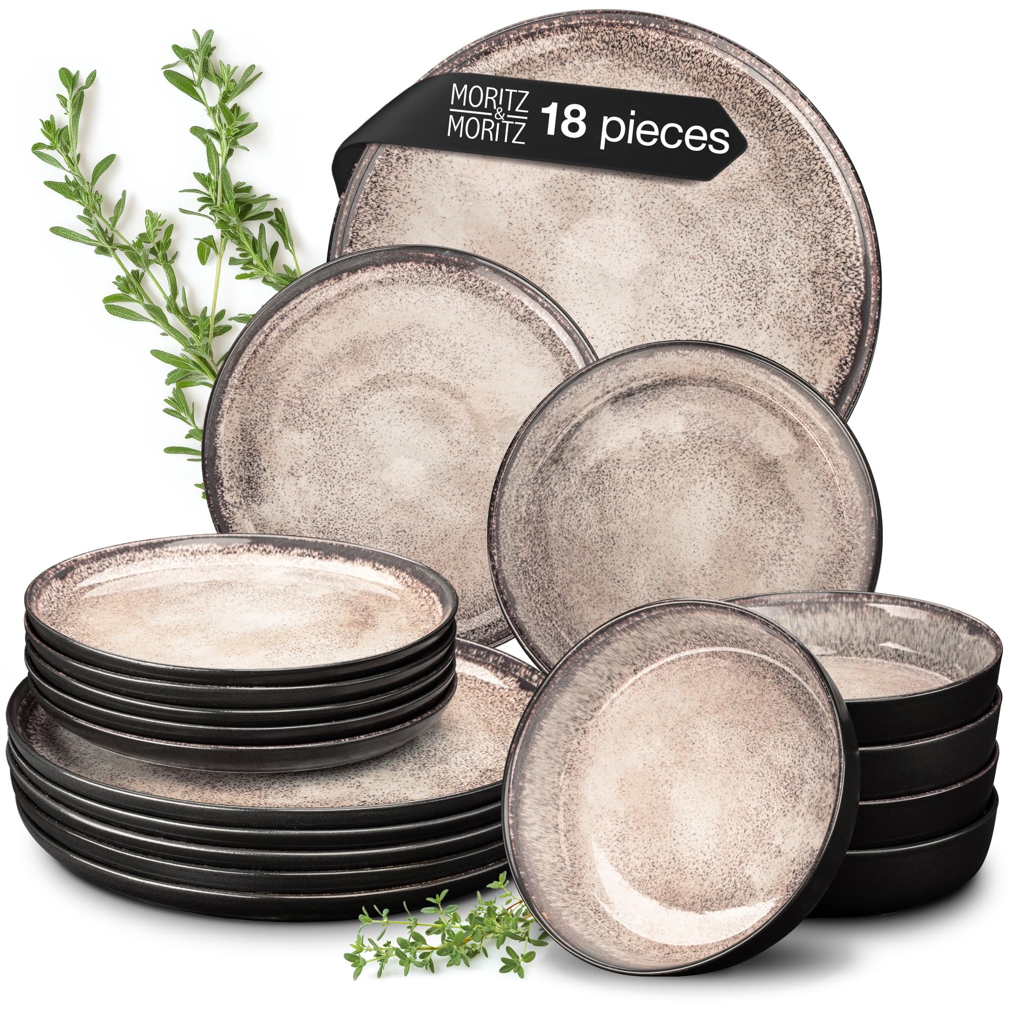 Moritz & Moritz VIDA 18-Piece Beige Porcelain Dinner Set for 6 People - Modern Plates and Bowls Set, Microwave & Dishwasher Safe - Includes Dinner Plates, Soup Bowls & Dessert Plates — image 1
