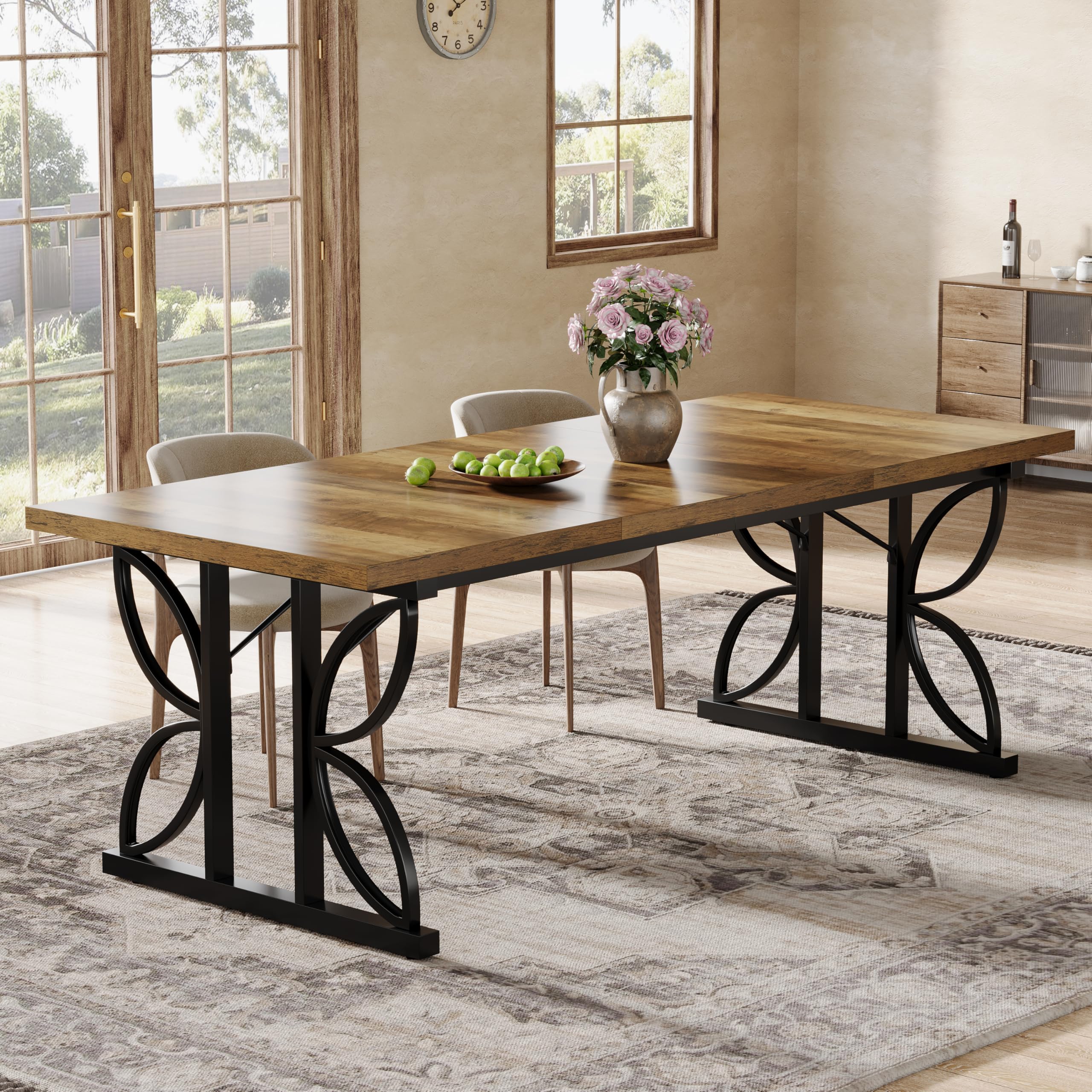 Tribesigns Mesa de comedor rectangular, mesa de cocina industrial para 6-8 personas, mesas de comedor de 180 x 80 cm con base de metal, mesa de comedor para cocina, sala de estar, marrón