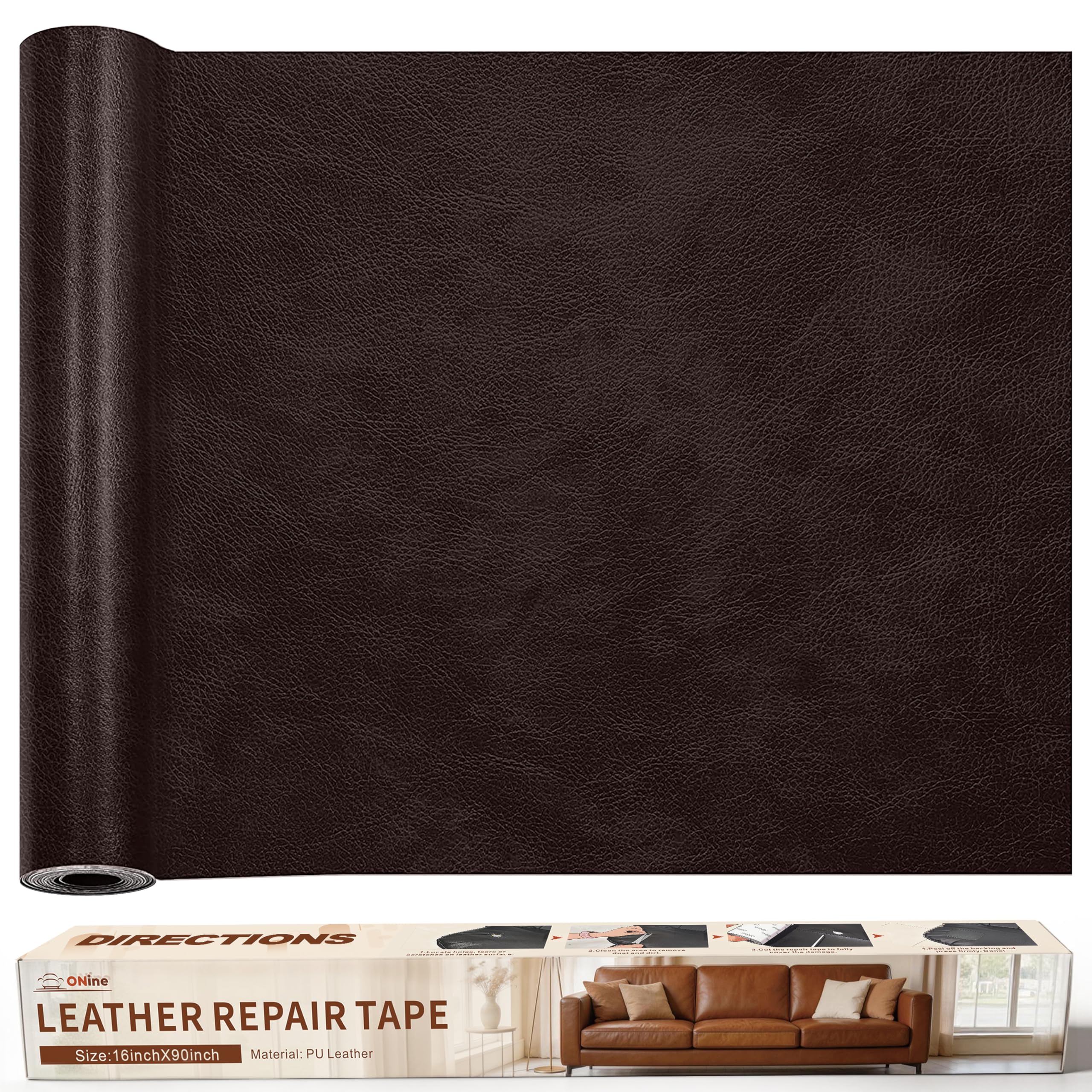 ONine Leather Repair Patch，Leather Repair Tape, 16 x 90 inches Leather Repair Patch for Furniture,Vinyl Repair kit，Leather Couch Patch，for Sofas, Furniture, car Seats, Office Chairs(Dark Brown)