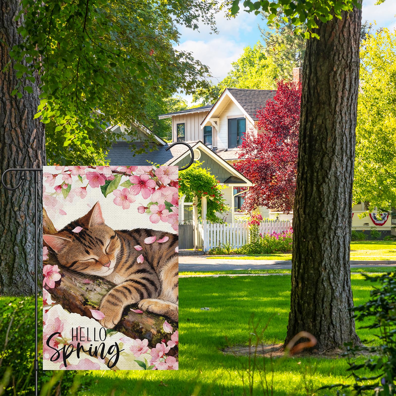 Heyfibro Hello Spring Tabby Cat Garden Flag 12x18 Double Sided Burlap, Watercolor Cherry Blossom Flower Yard Banner for Rustic Seasonal Summer Outdoor Decoration (ONLY FLAG) - 3