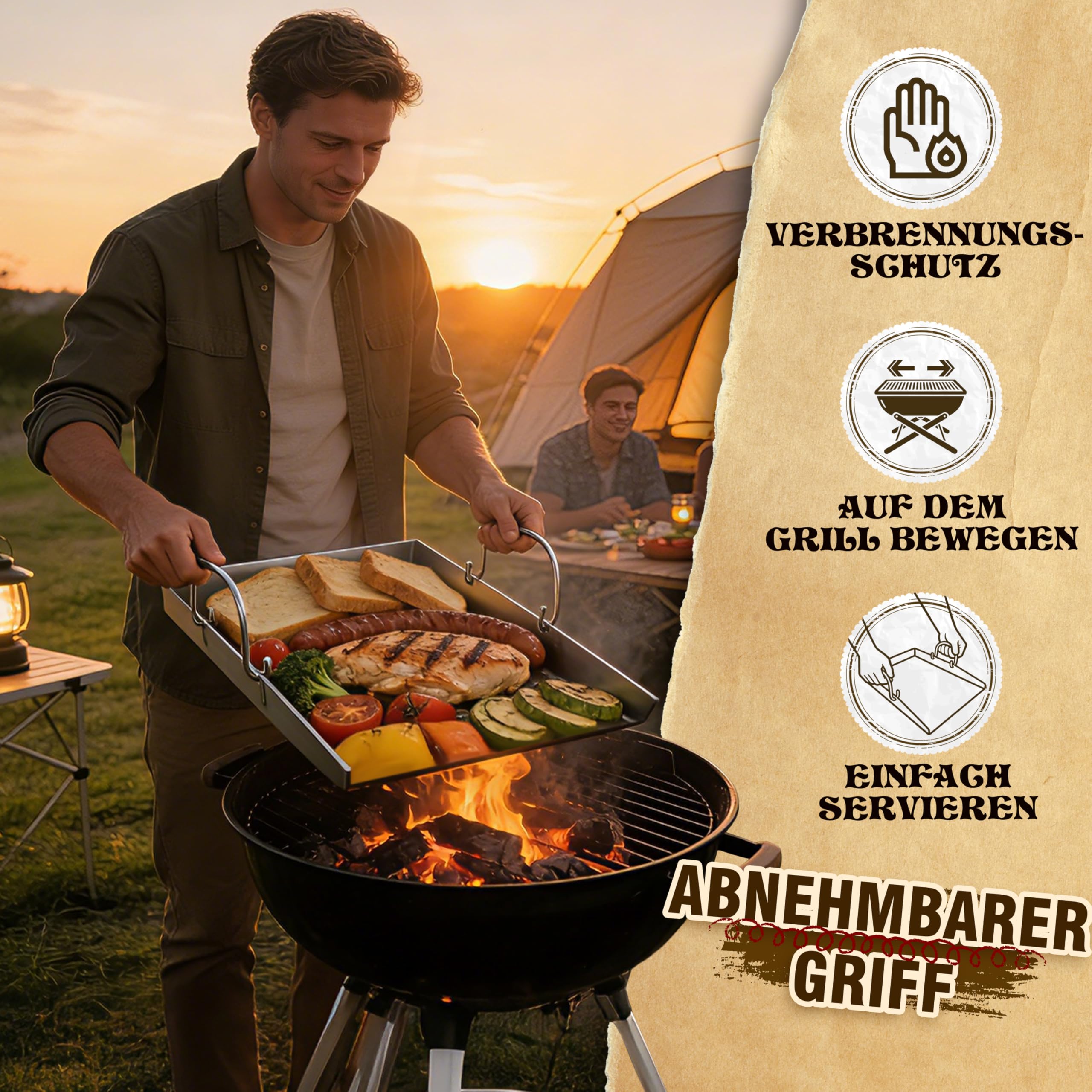 JONRRYIN Plancha Grillplatte Edelstahl [40 x 30cm], 4mm Massive Grillplatte Edelstahl mit Abnehmbarem Griff, Verzugsfreier Plancha Gasgrill mit Grillspachtel Set, Grillmatte für Gas- & Kohlegrill