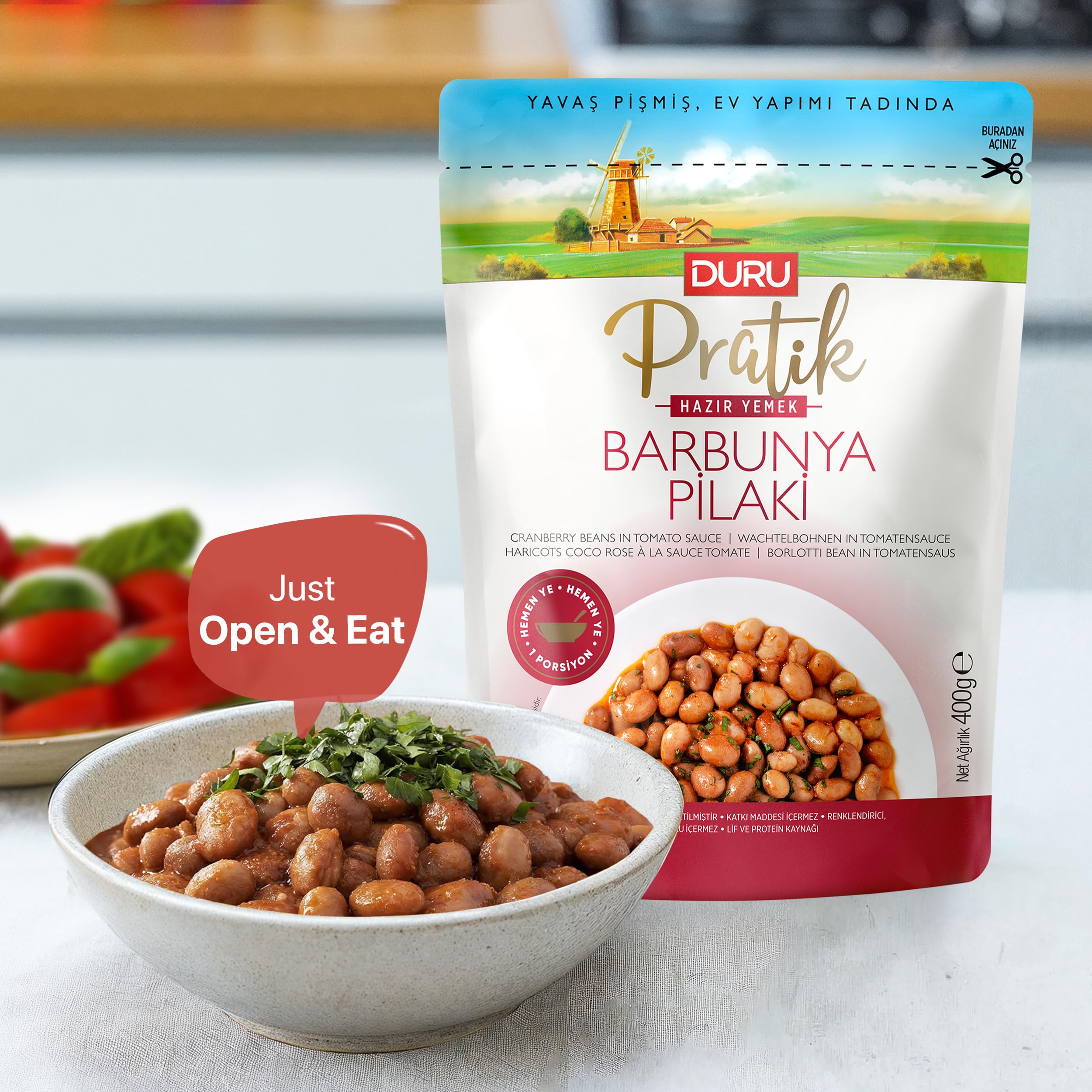 Duru Ready Cranberry Beans in Tomato Sauce, 400g x 4 Packs, Open and Eat, 100% Natural, BPA Free, No Trans Fat, Non-GMO, No Preservatives & Artificial Color