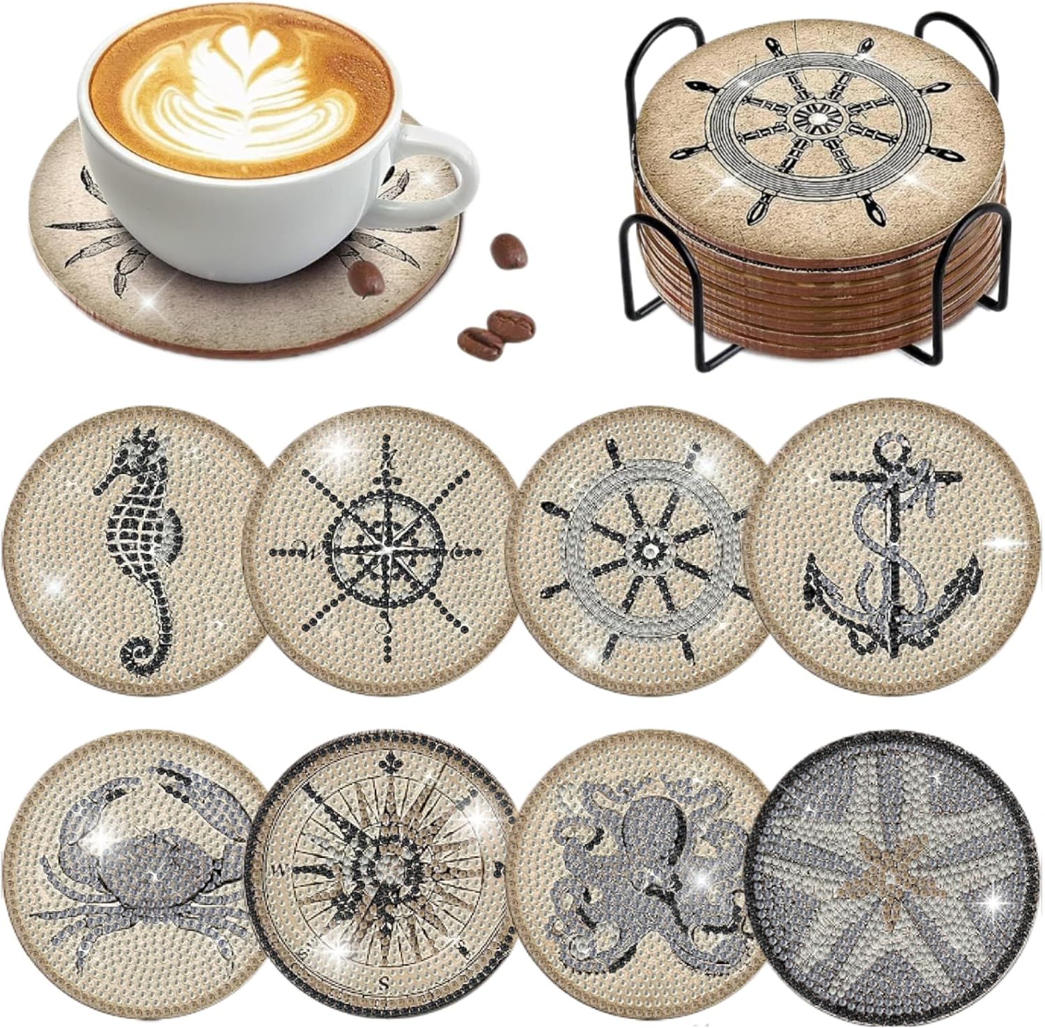 8 pcs Diamond Painting Coasters | Diamond Art Coasters | Vintage Nautical Diamond Art Painting | Perfect Art Craft Gift for Vintage Nautical Lover, Dad, Mom, Grandparents, Brother, Sister.