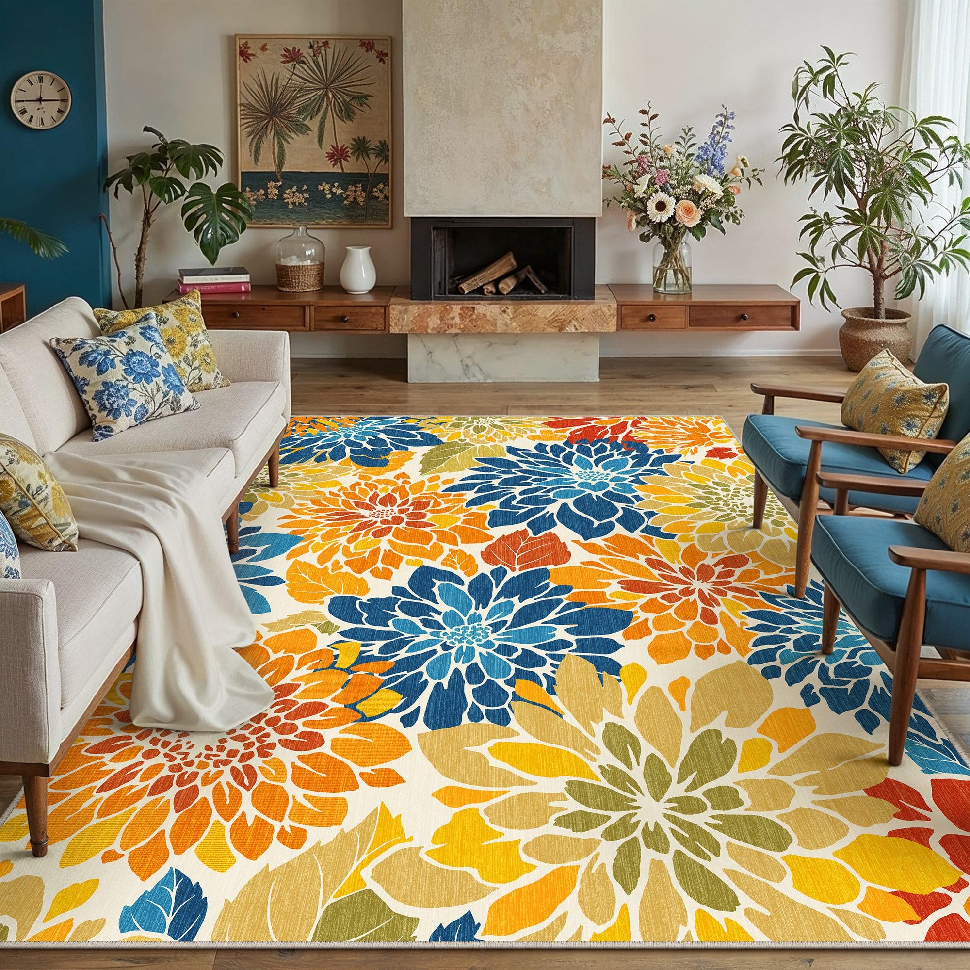 hugear floral textured weave indoor outdoor area rug 8x10 washable high traffic stain resistant non slip durable carpet for livingroom patio deck balcony courtyard (colorful, 8' x 10')