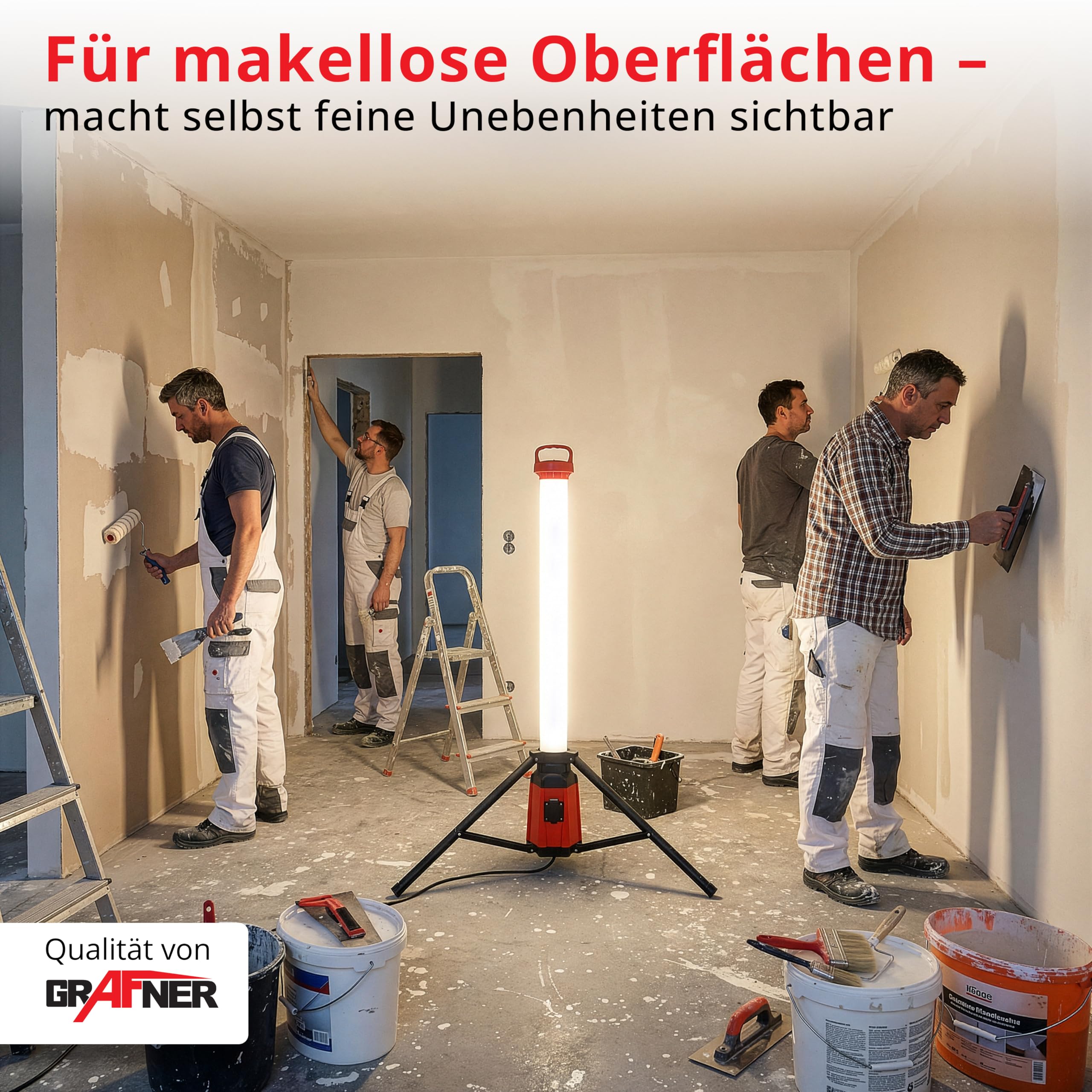 Grafner Profi LED Tower Baustrahler mit Steckdose und Stativ, 360° 7500 Lumen, 100 Watt, Höhe: 150 cm, IP44, 6500K Tageslichtweiß, Arbeitsleuchte Baustellenstrahler 360 Grad rundum Arbeitslampe Turm